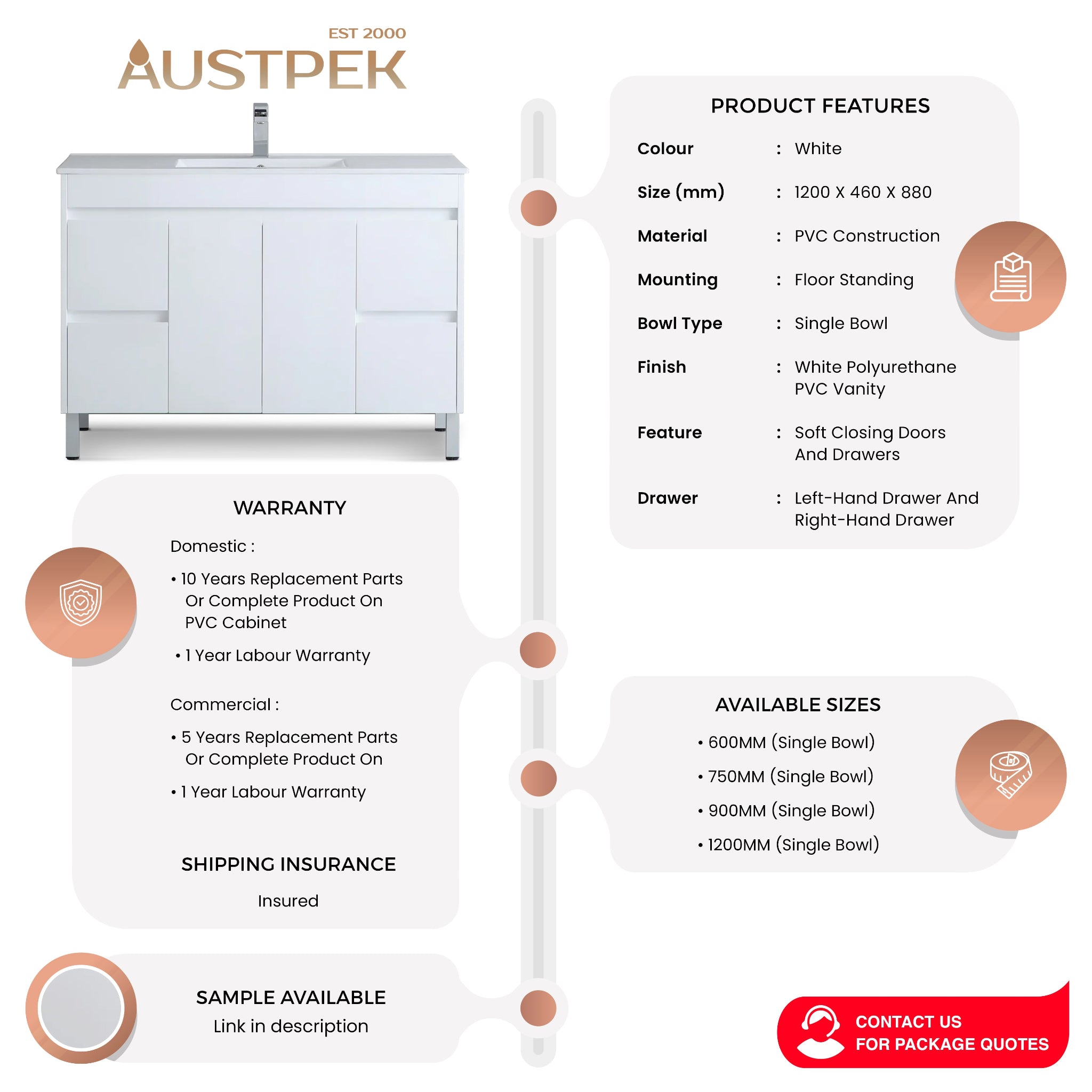 POSEIDON WHITE 1200MM SINGLE BOWL FLOOR STANDING VANITY