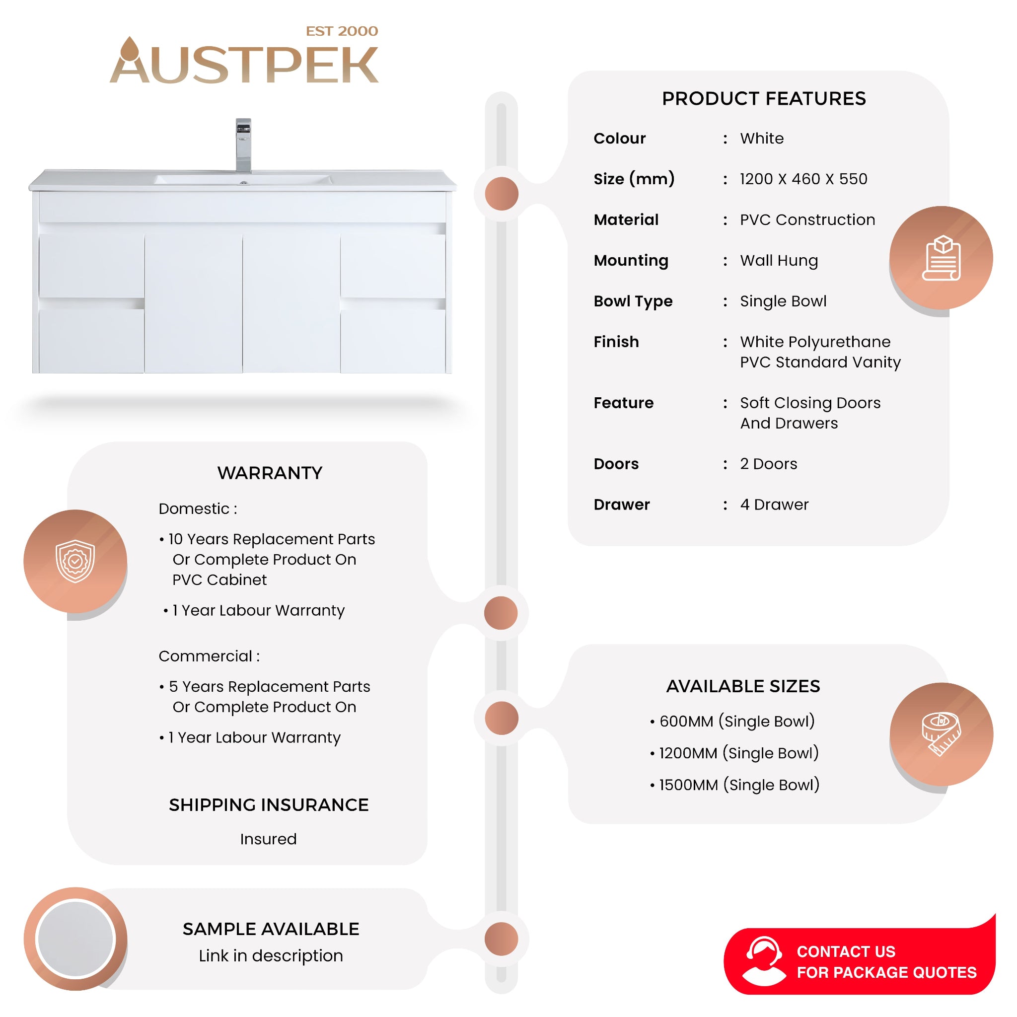POSEIDON WHITE 1200MM SINGLE BOWL WALL HUNG VANITY