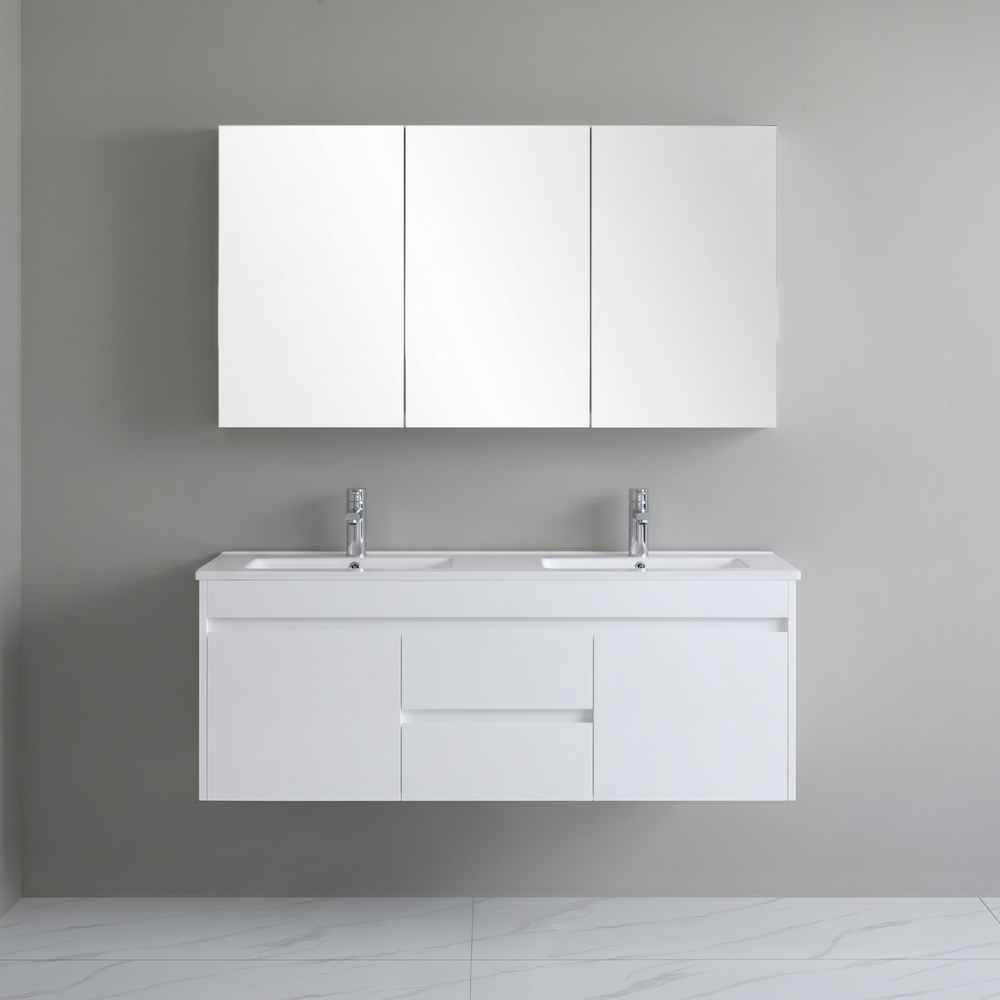 POSEIDON POLAR GLOSS WHITE 1500MM DOUBLE BOWL WALL HUNG VANITY