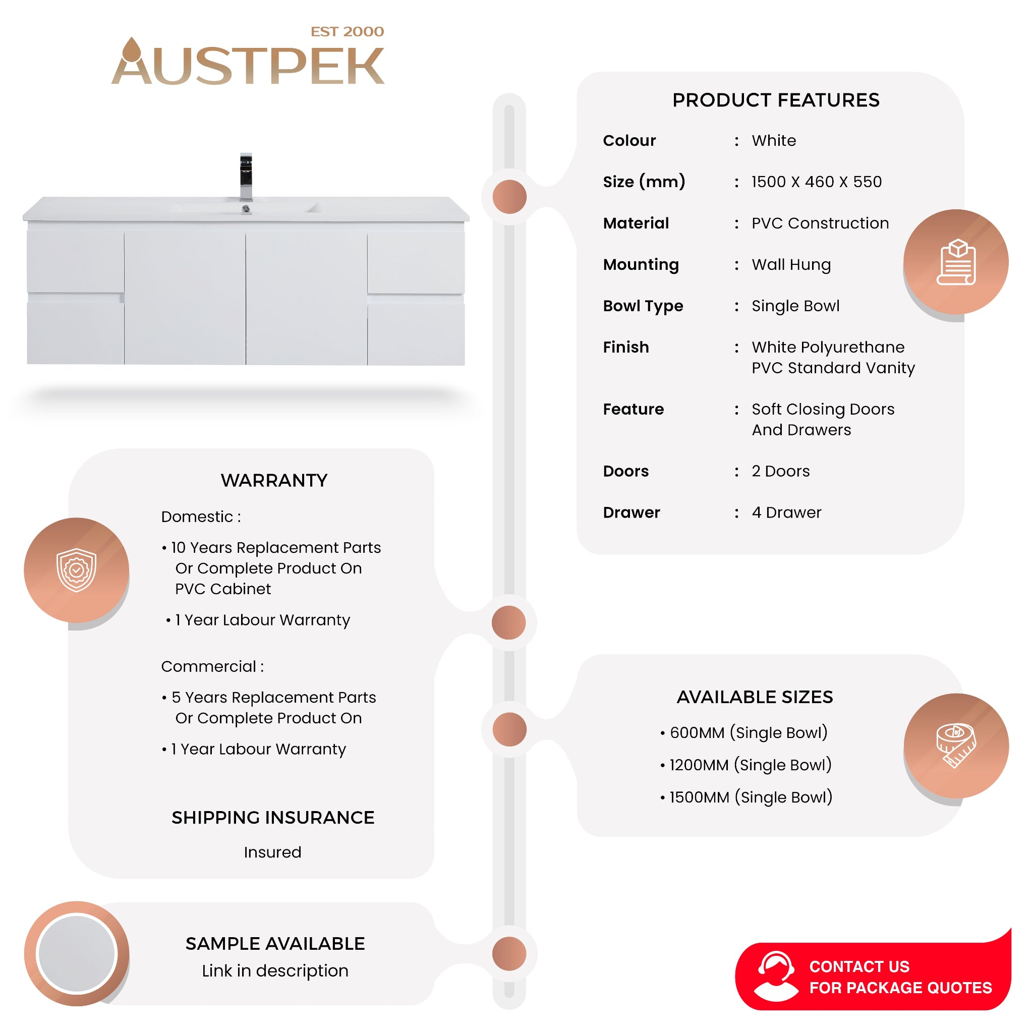 POSEIDON WHITE 1500MM SINGLE BOWL WALL HUNG VANITY