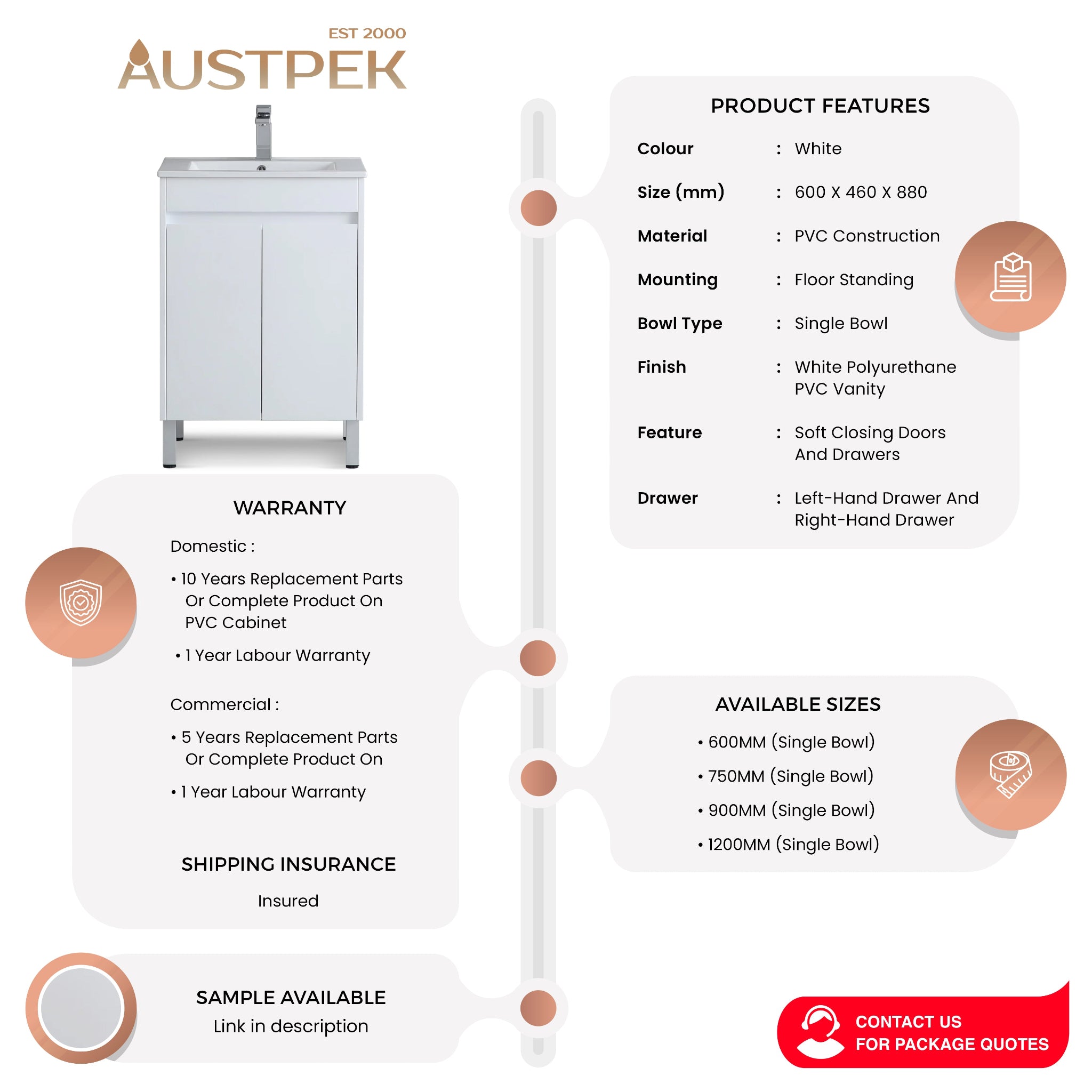 POSEIDON WHITE 600MM FLOOR SINGLE BOWL STANDING VANITY