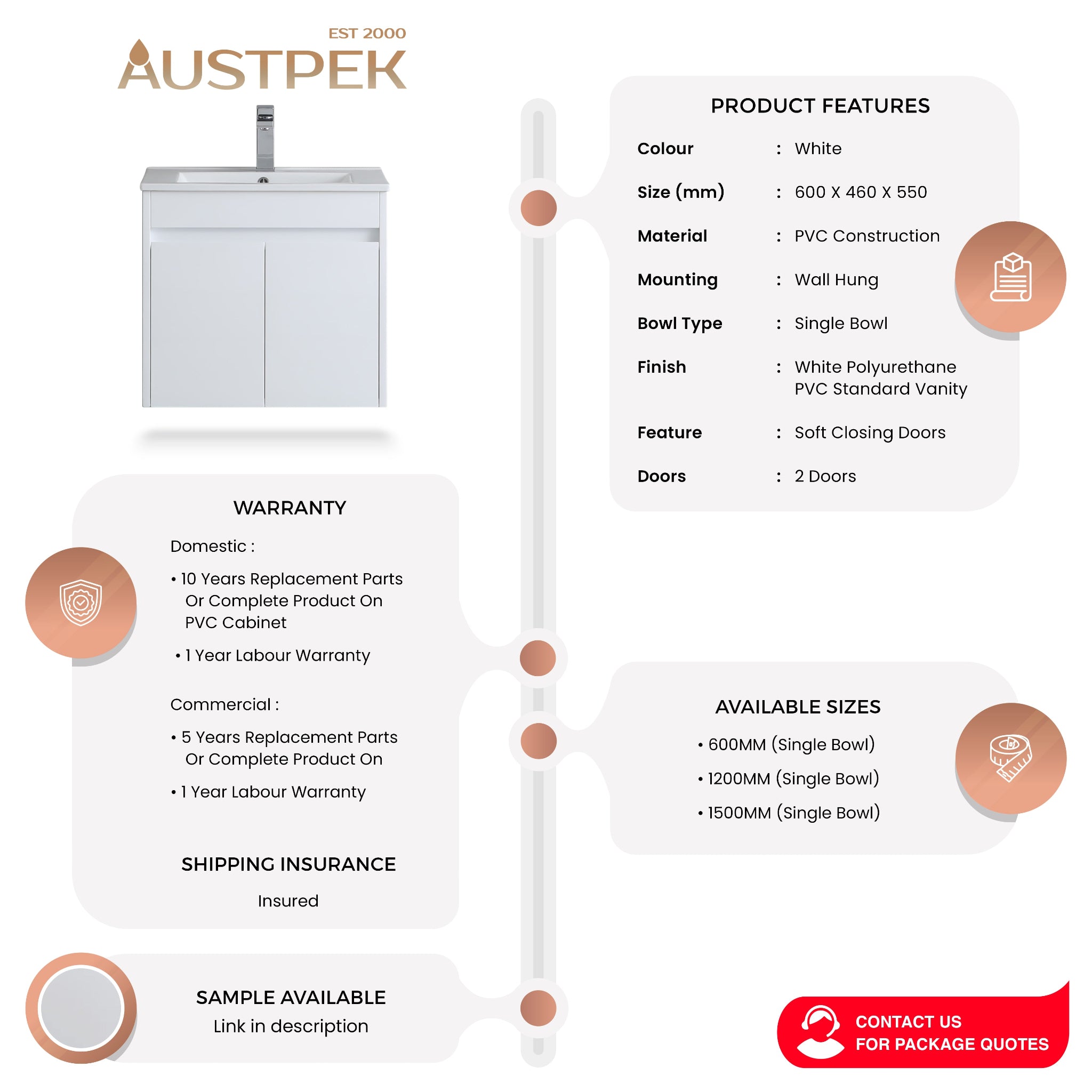 POSEIDON WHITE 600MM SINGLE BOWL WALL HUNG VANITY