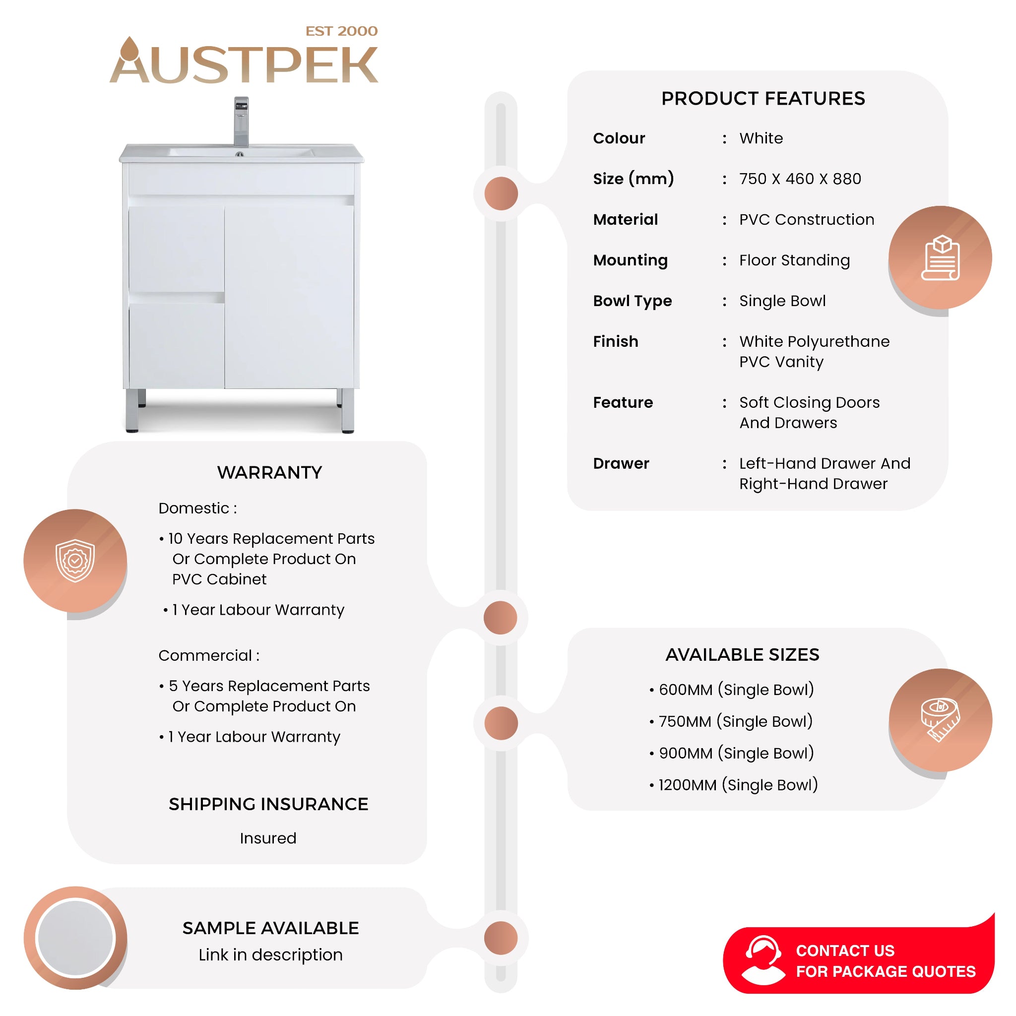 POSEIDON WHITE 750MM SINGLE BOWL FLOOR STANDING VANITY (AVAILABLE IN LEFT AND RIGHT HAND DRAWER)