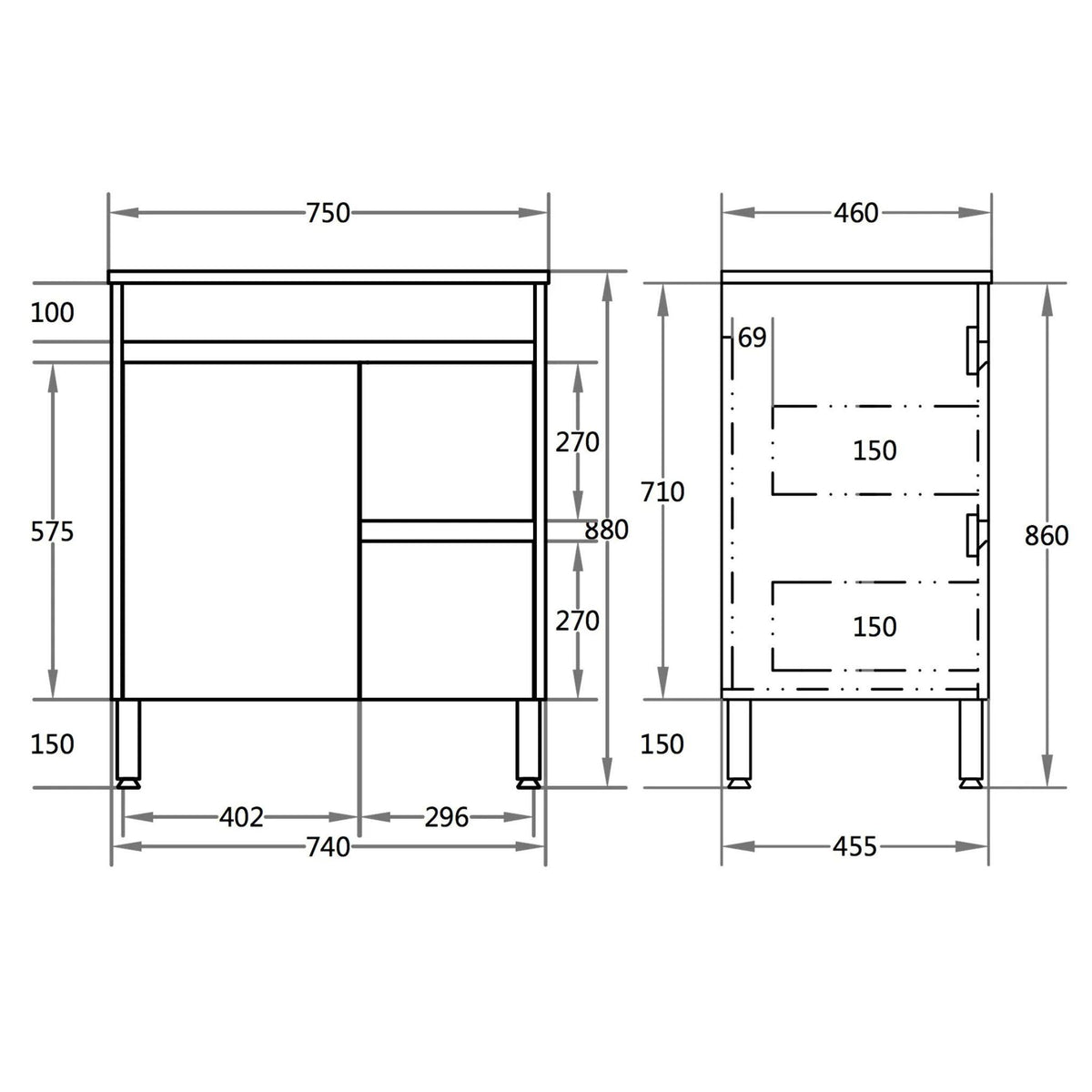 POSEIDON POLAR GLOSS WHITE 750MM SINGLE BOWL FLOOR STANDING VANITY (AVAILABLE IN LEFT AND RIGHT HAND DRAWER)