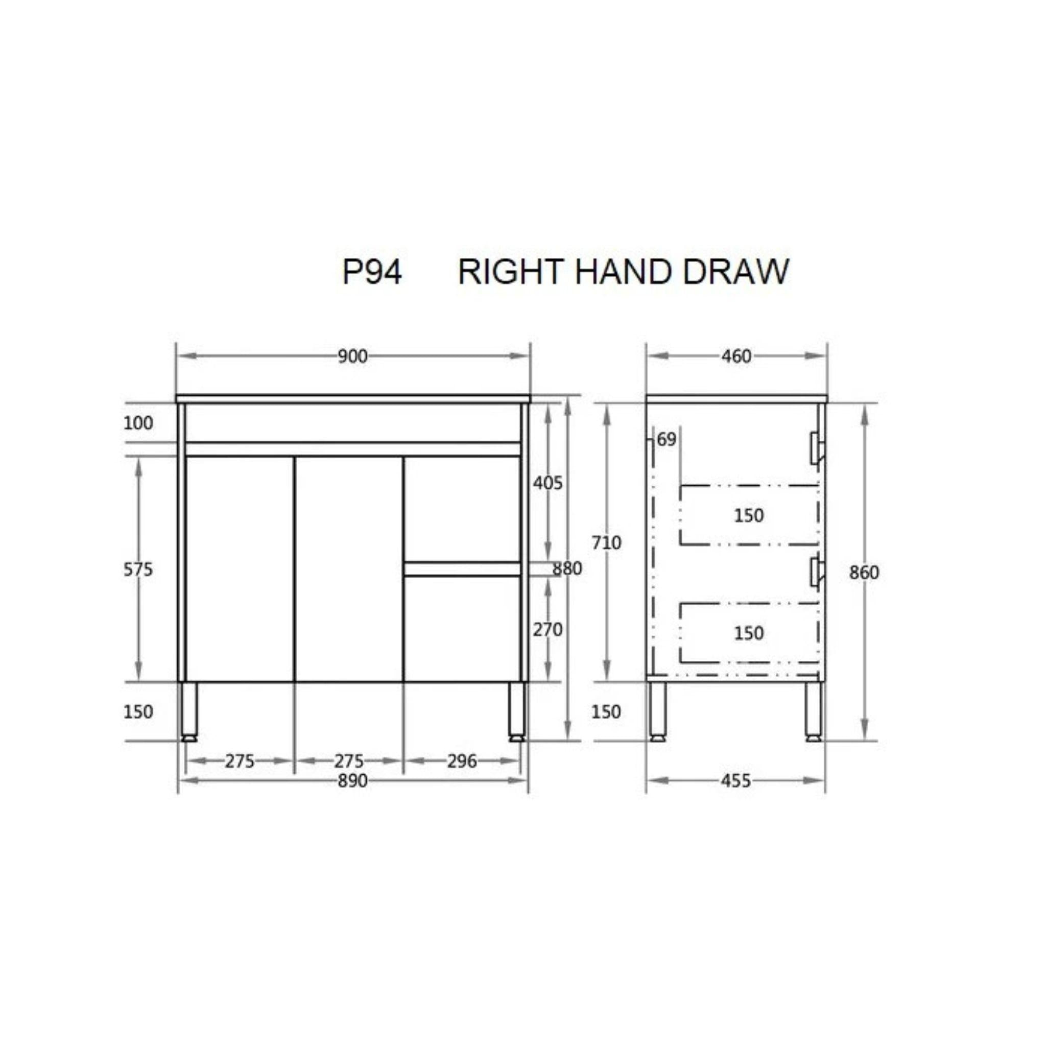 POSEIDON WHITE 900MM SINGLE BOWL FLOOR STANDING VANITY (AVAILABLE IN LEFT AND RIGHT HAND DRAWER)