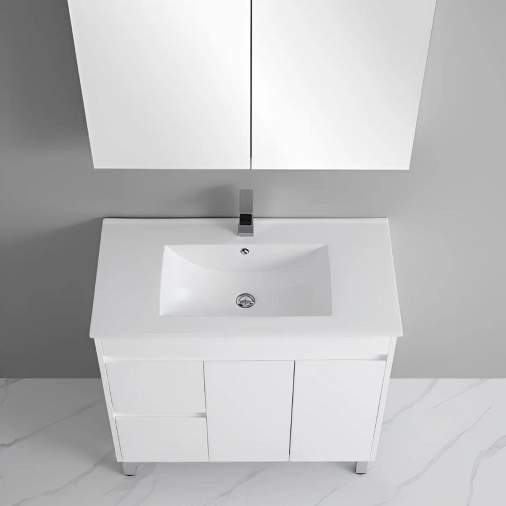 POSEIDON POLAR GLOSS WHITE 900MM SINGLE BOWL FLOOR STANDING VANITY (AVAILABLE IN LEFT AND RIGHT HAND DRAWER)
