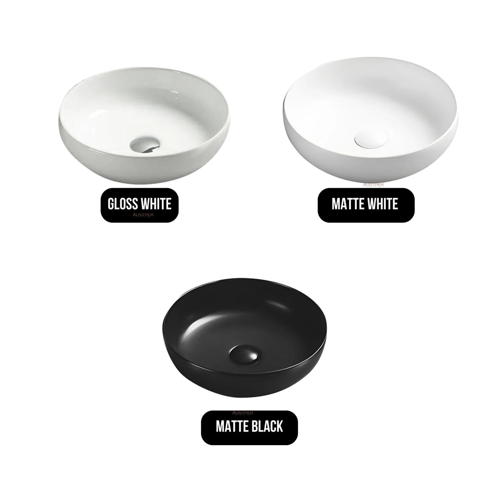 POSEIDON ROUND ABOVE COUNTER CERAMIC ART BASIN GLOSS WHITE 370MM