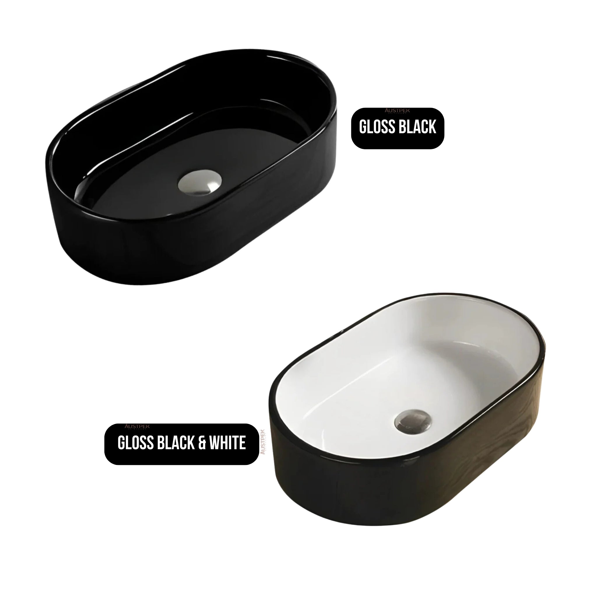 POSEIDON ABOVE COUNTER ART BASIN GLOSS BLACK AND WHITE 550MM