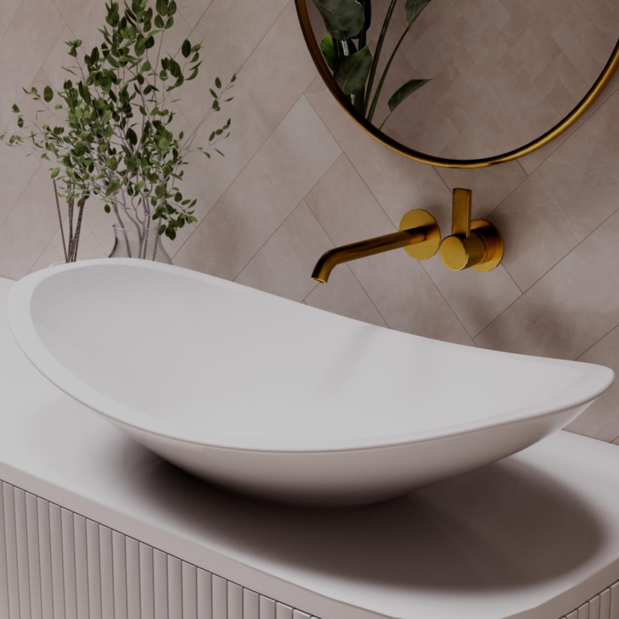PIETRA BIANCA BOAT ABOVE COUNTER STONE BASIN WITH CUSTOM COLOURS 750MM