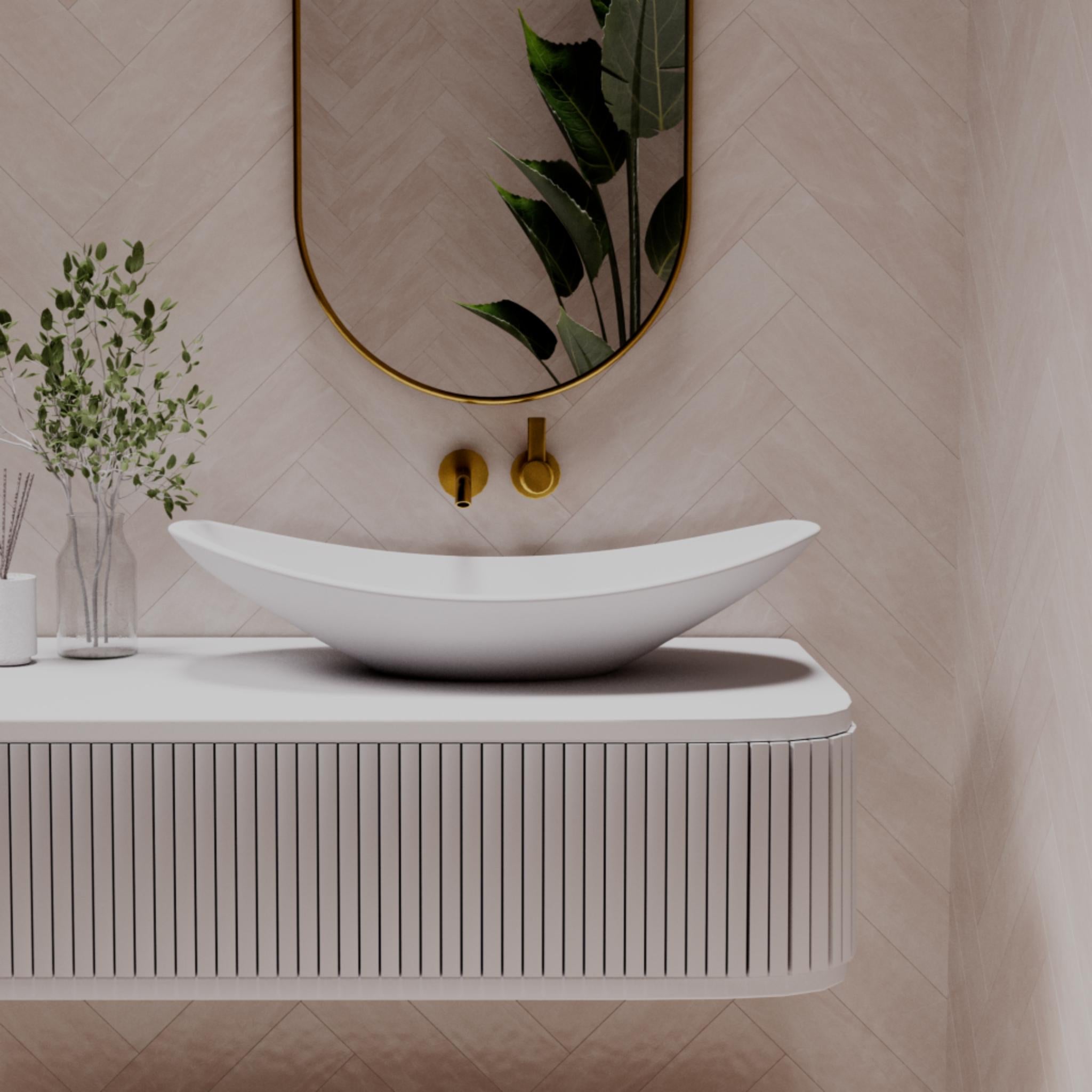 PIETRA BIANCA BOAT ABOVE COUNTER STONE BASIN WITH CUSTOM COLOURS 750MM