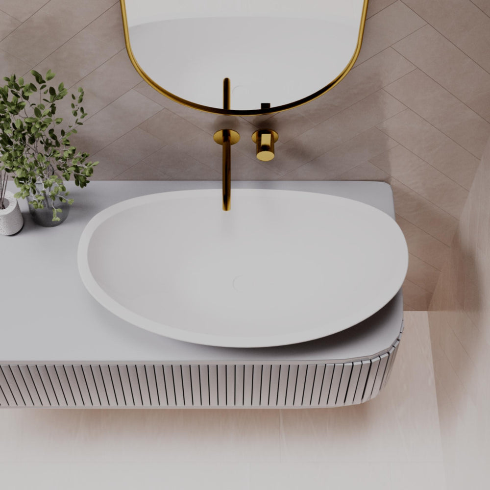 PIETRA BIANCA BOAT ABOVE COUNTER STONE BASIN WITH CUSTOM COLOURS 750MM