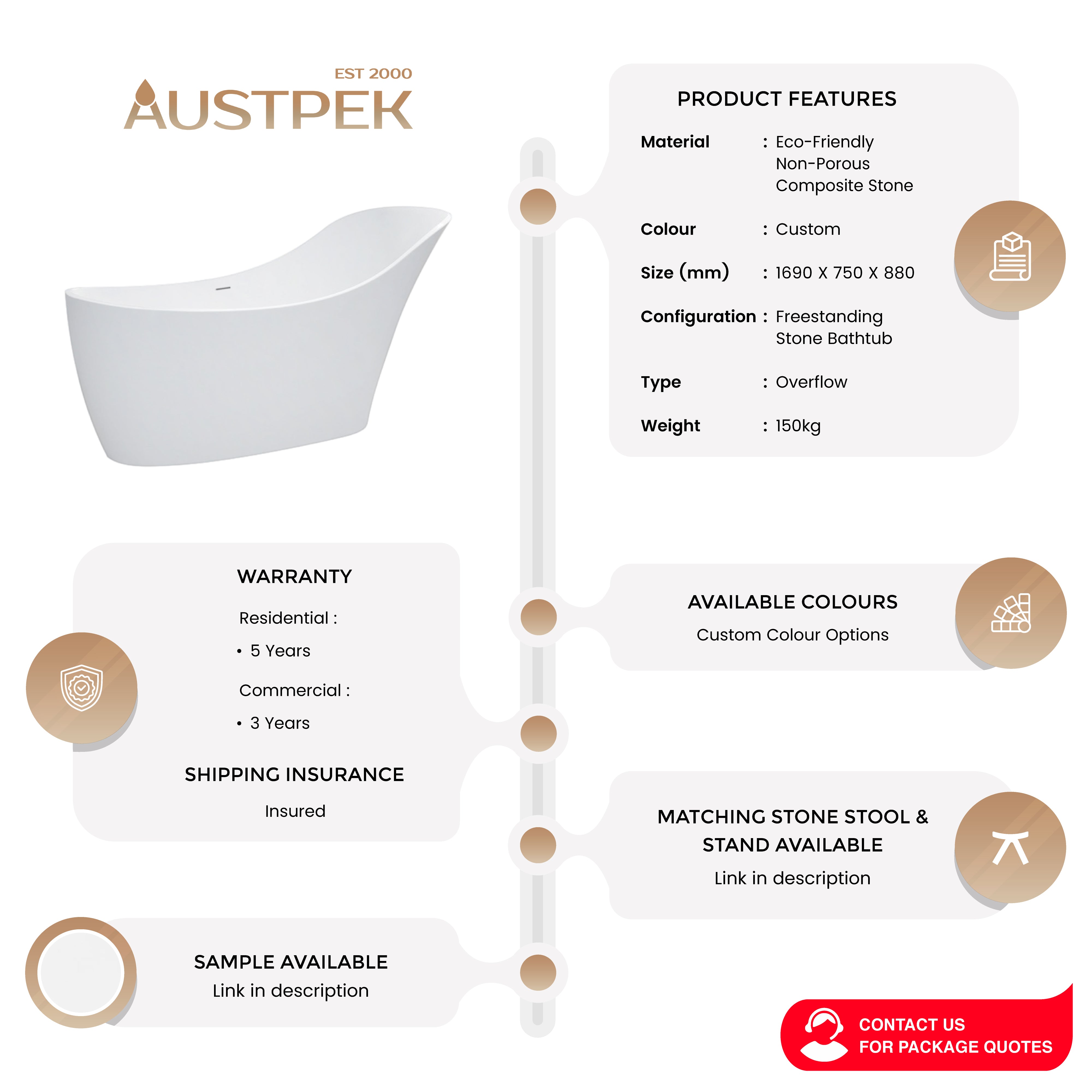 PIETRA BIANCA ANNA FREESTANDING STONE BATHTUB WITH CUSTOM COLOURS 1690MM