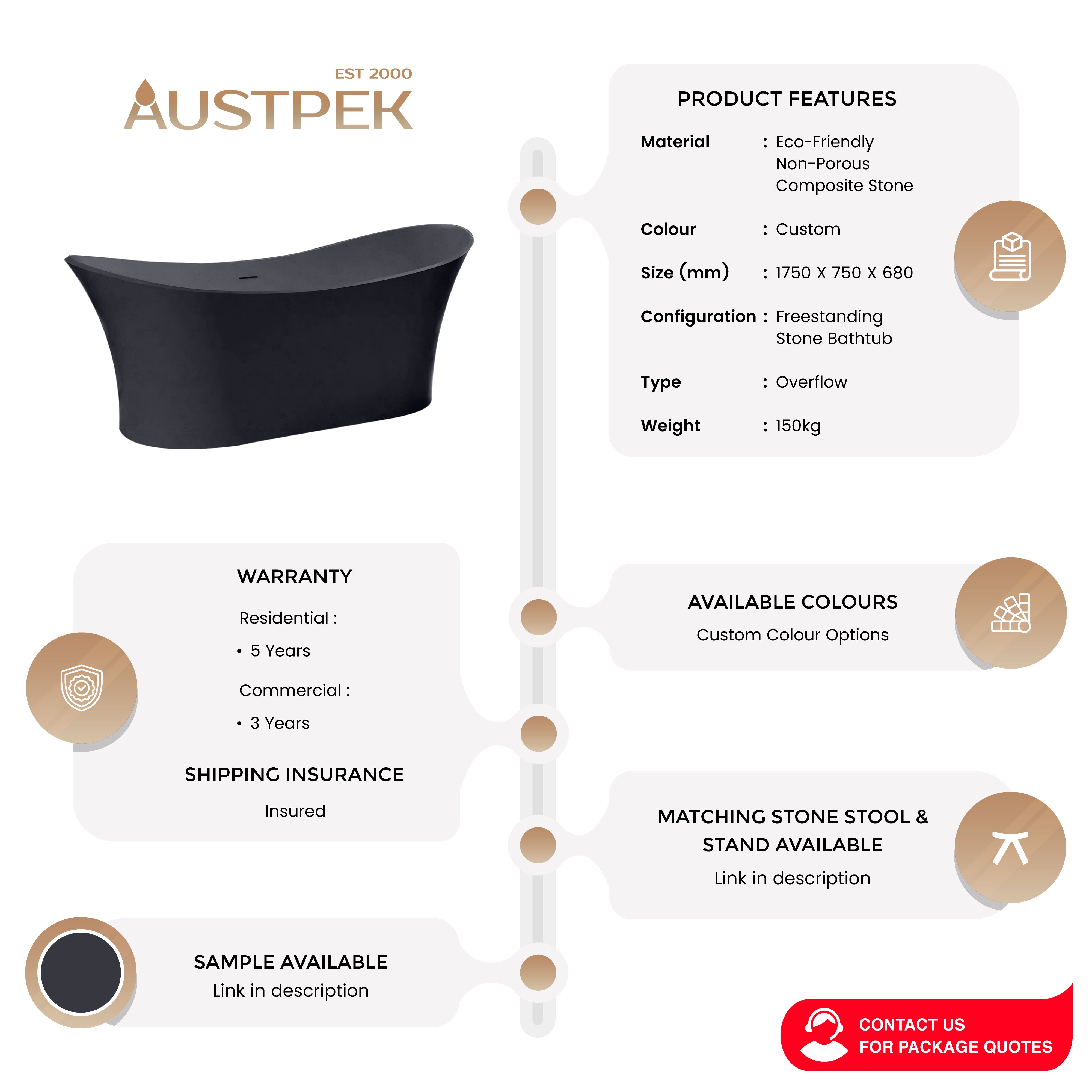 PIETRA BIANCA CROWN FREESTANDING STONE BATHTUB WITH CUSTOM COLOURS 1750MM