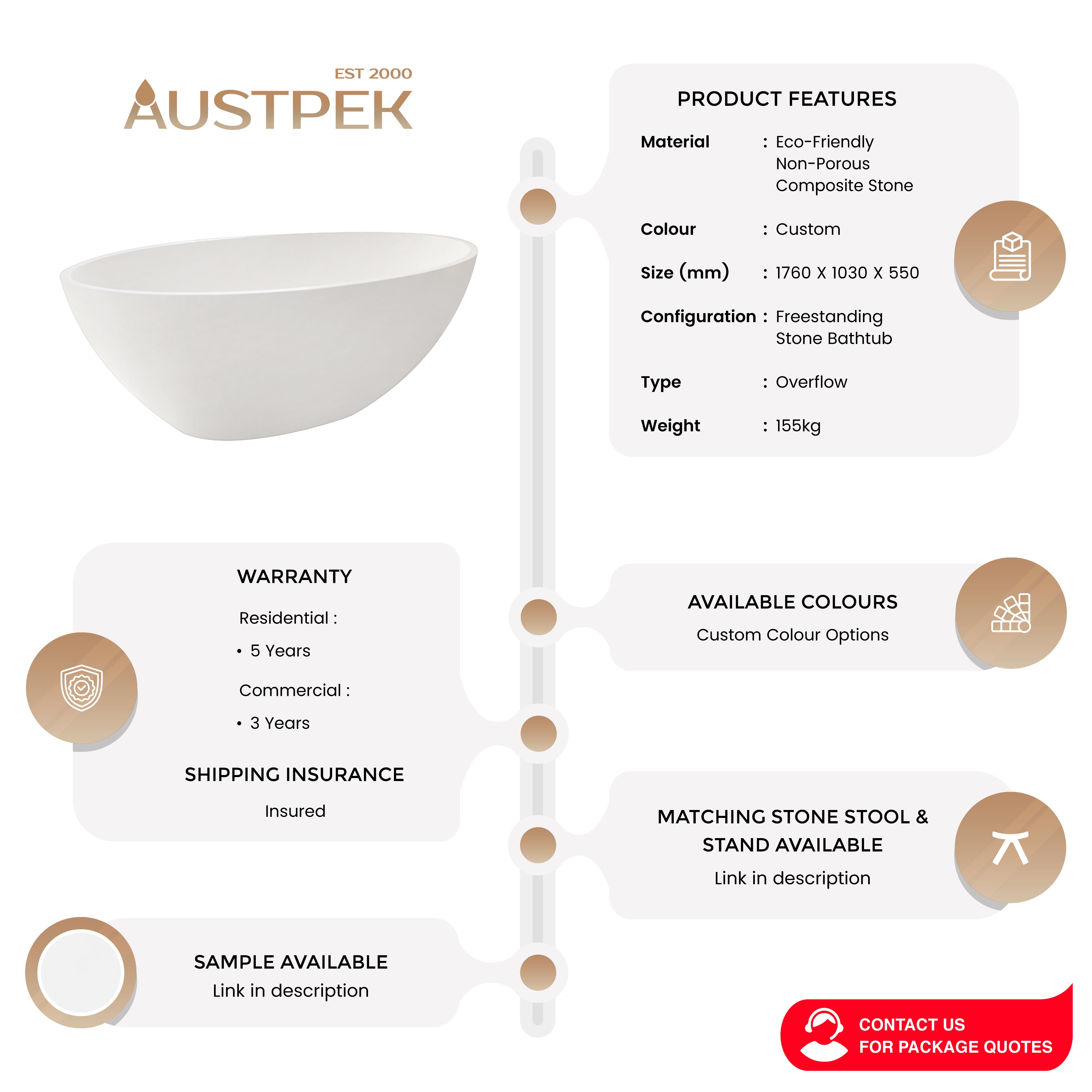 PIETRA BIANCA COCO FREESTANDING STONE BATHTUB WITH CUSTOM COLOURS 1760MM