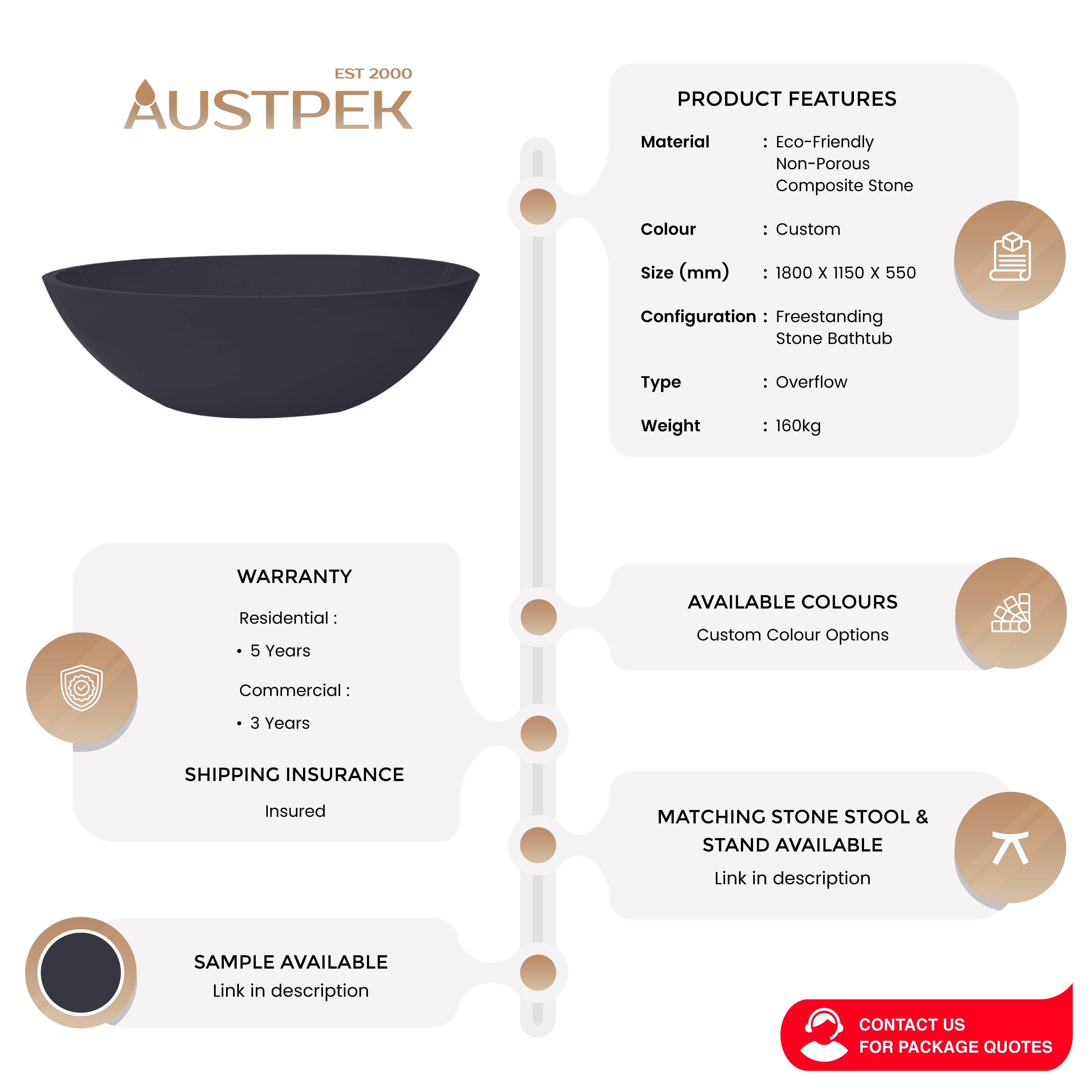 PIETRA BIANCA MADDISON FREESTANDING STONE BATHTUB WITH CUSTOM COLOURS 1800MM