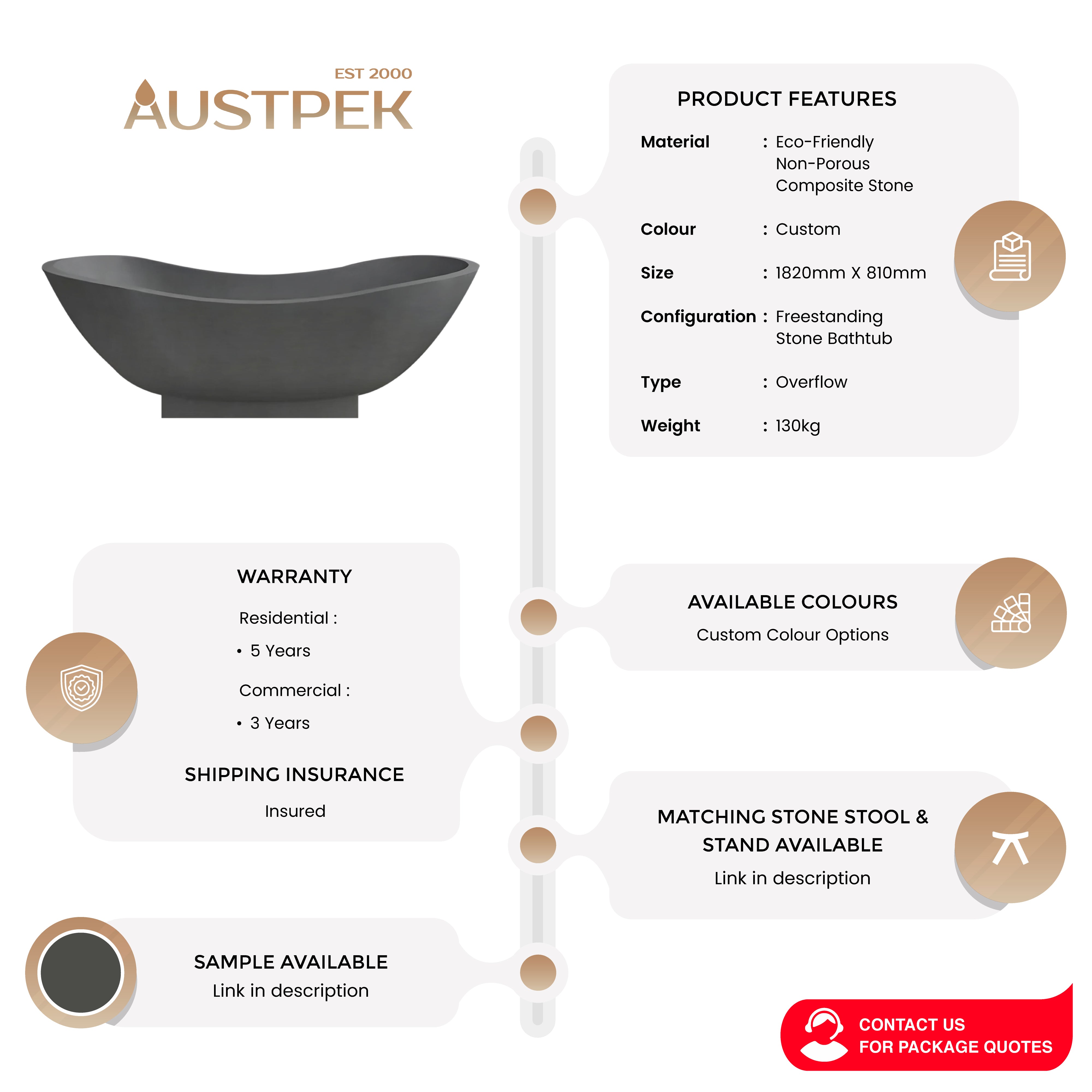 PIETRA BIANCA MANGO FREESTANDING STONE BATHTUB WITH CUSTOM COLOURS 1820MM