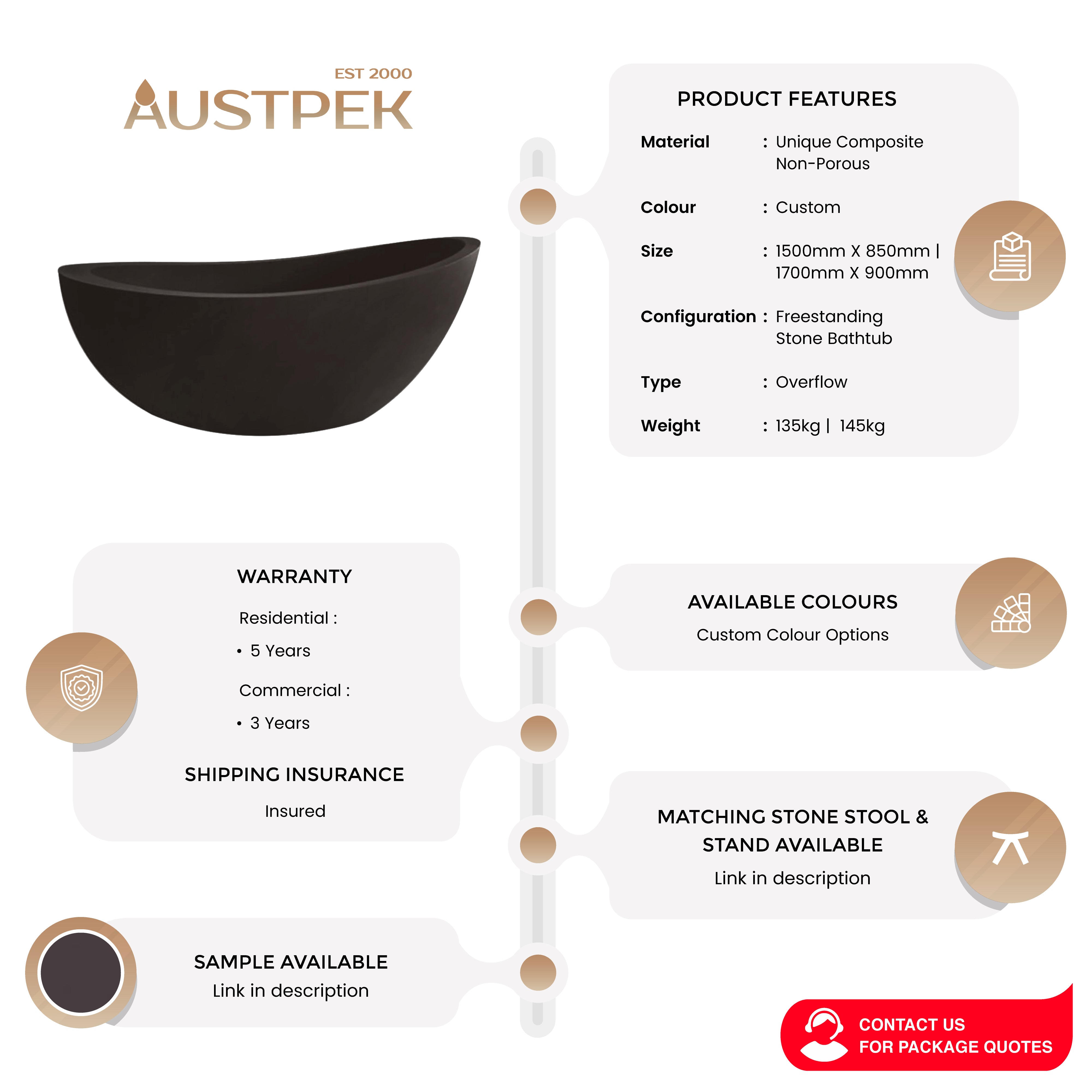 PIETRA BIANCA AUTUMN FREESTANDING STONE BATHTUB WITH CUSTOM COLOURS (AVAILABLE IN 1500MM AND 1700MM)