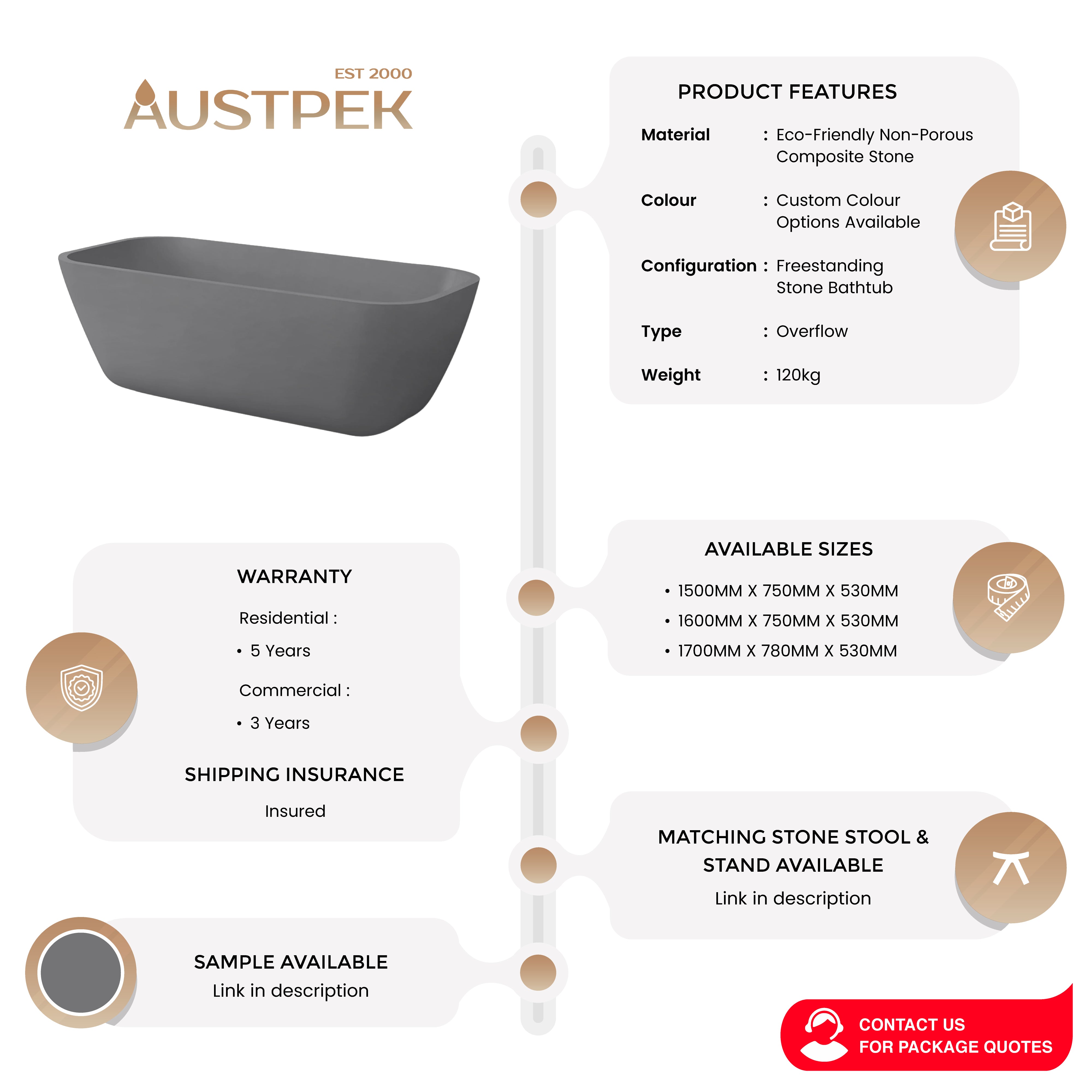 PIETRA BIANCA CHELSEA FREESTANDING STONE BATHTUB WITH CUSTOM COLOURS (AVAILABLE IN 1500MM, 1600MM AND 1700MM)