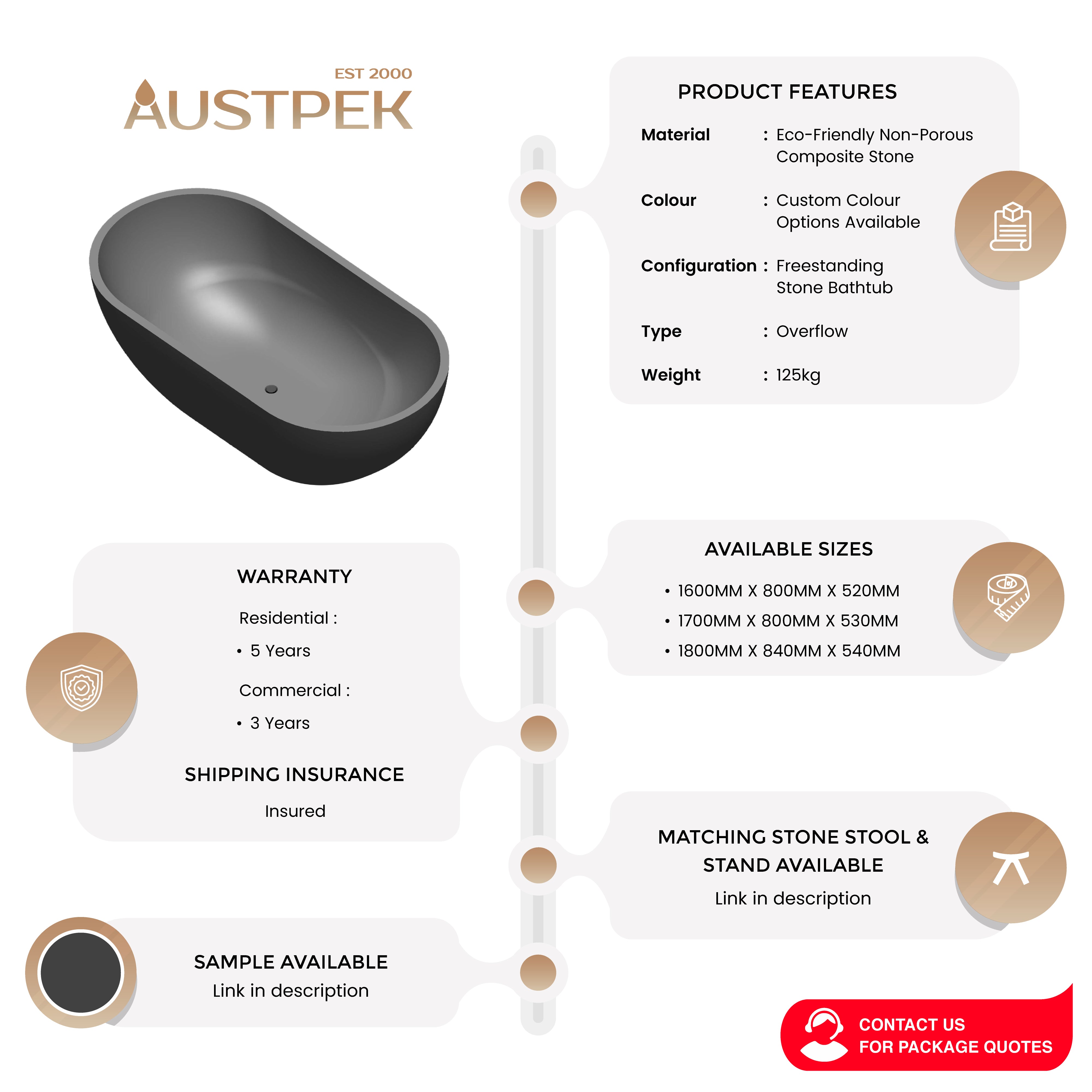 PIETRA BIANCA RYESE FREESTANDING STONE BATHTUB WITH CUSTOM COLOURS (AVAILABLE IN 1600MM, 1700MM AND 1800MM)