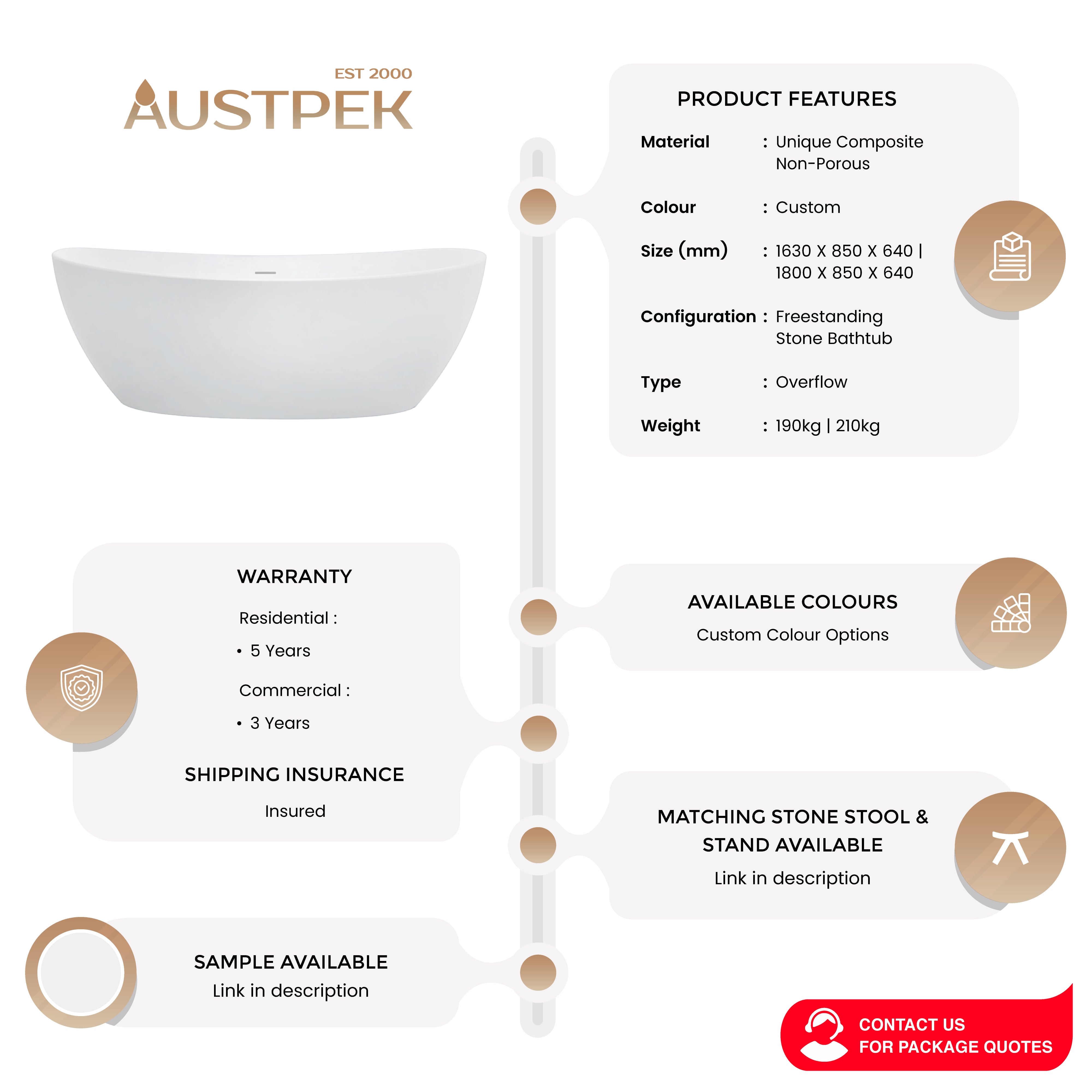 PIETRA BIANCA MARIA FREESTANDING STONE BATHTUB WITH CUSTOM COLOURS (AVAILABLE IN 1630MM AND 1800MM)