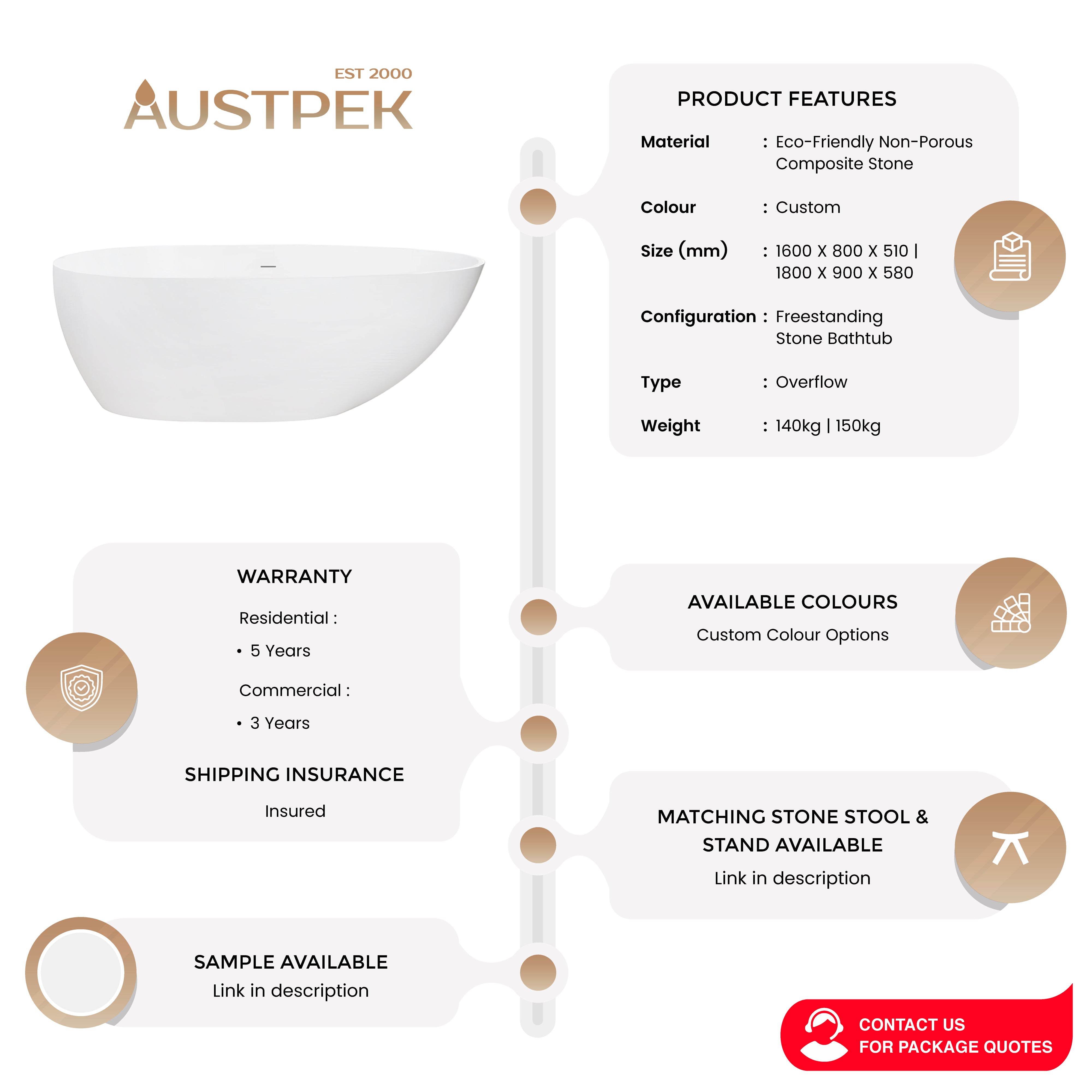 PIETRA BIANCA OLIVIA FREESTANDING STONE BATHTUB WITH CUSTOM COLOURS (AVAILABLE IN 1600MM AND 1800MM)