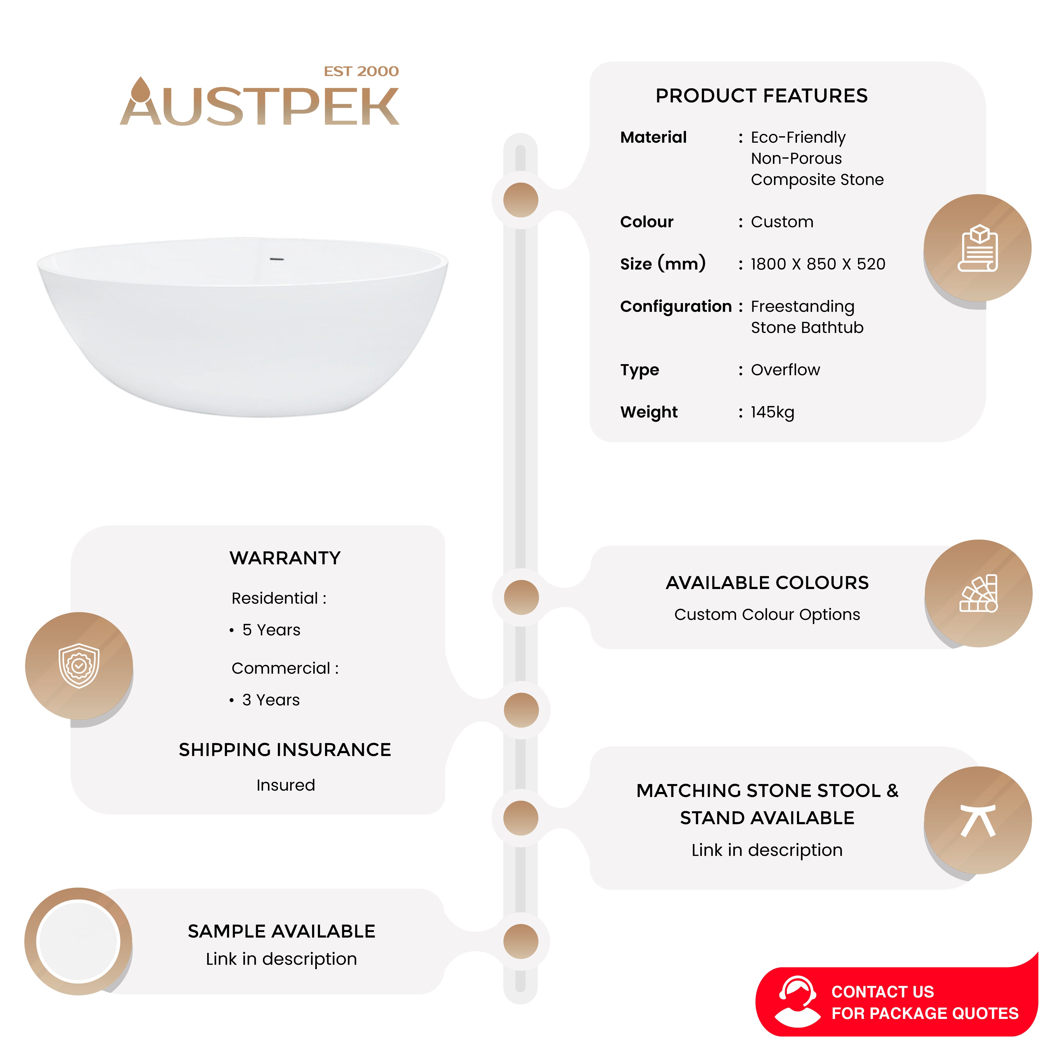 PIETRA BIANCA NICE FREESTANDING STONE BATHTUB WITH CUSTOM COLOURS 1800MM