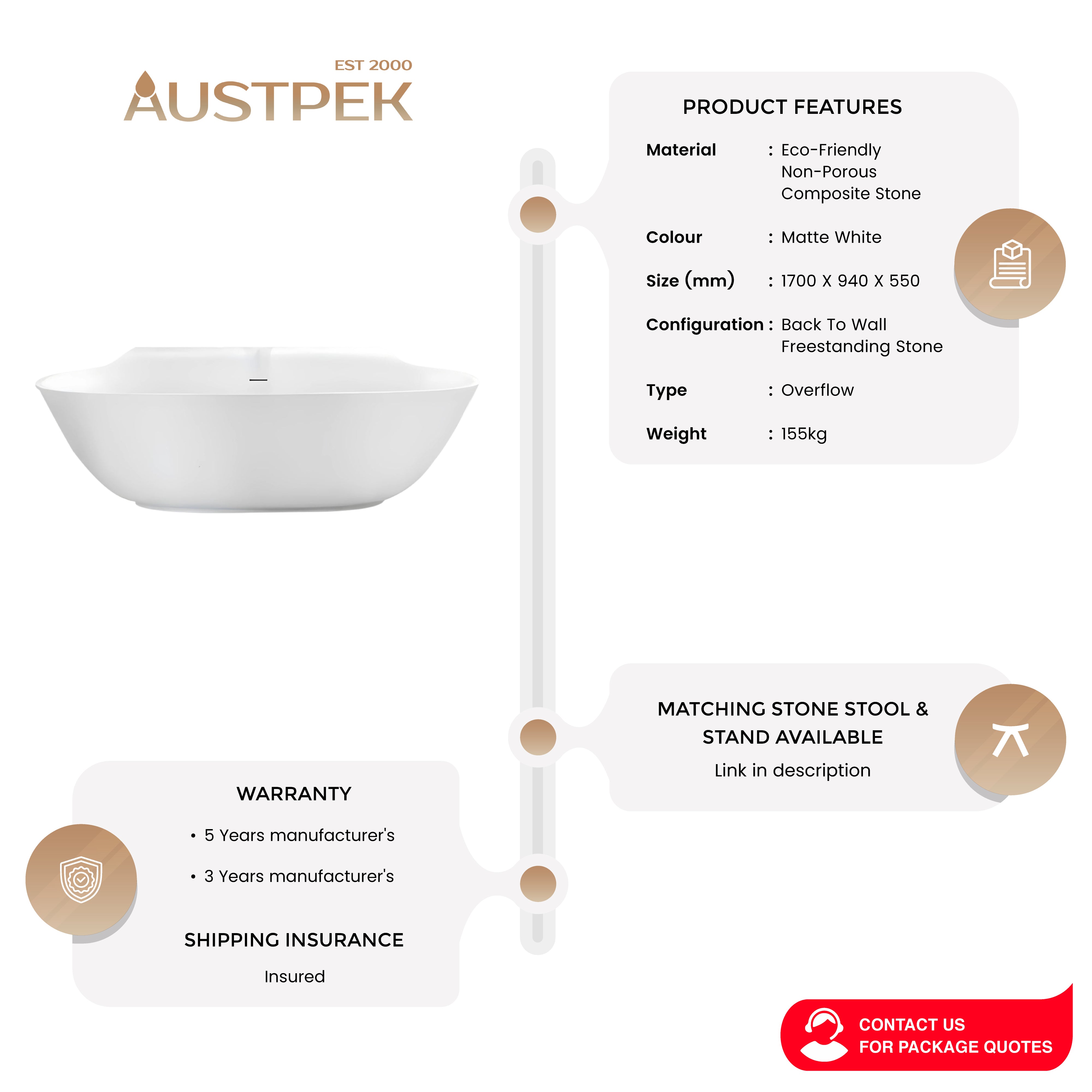 PIETRA BIANCA ALICE BACK-TO-WALL FREESTANDING STONE BATHTUB MATTE WHITE 1700MM