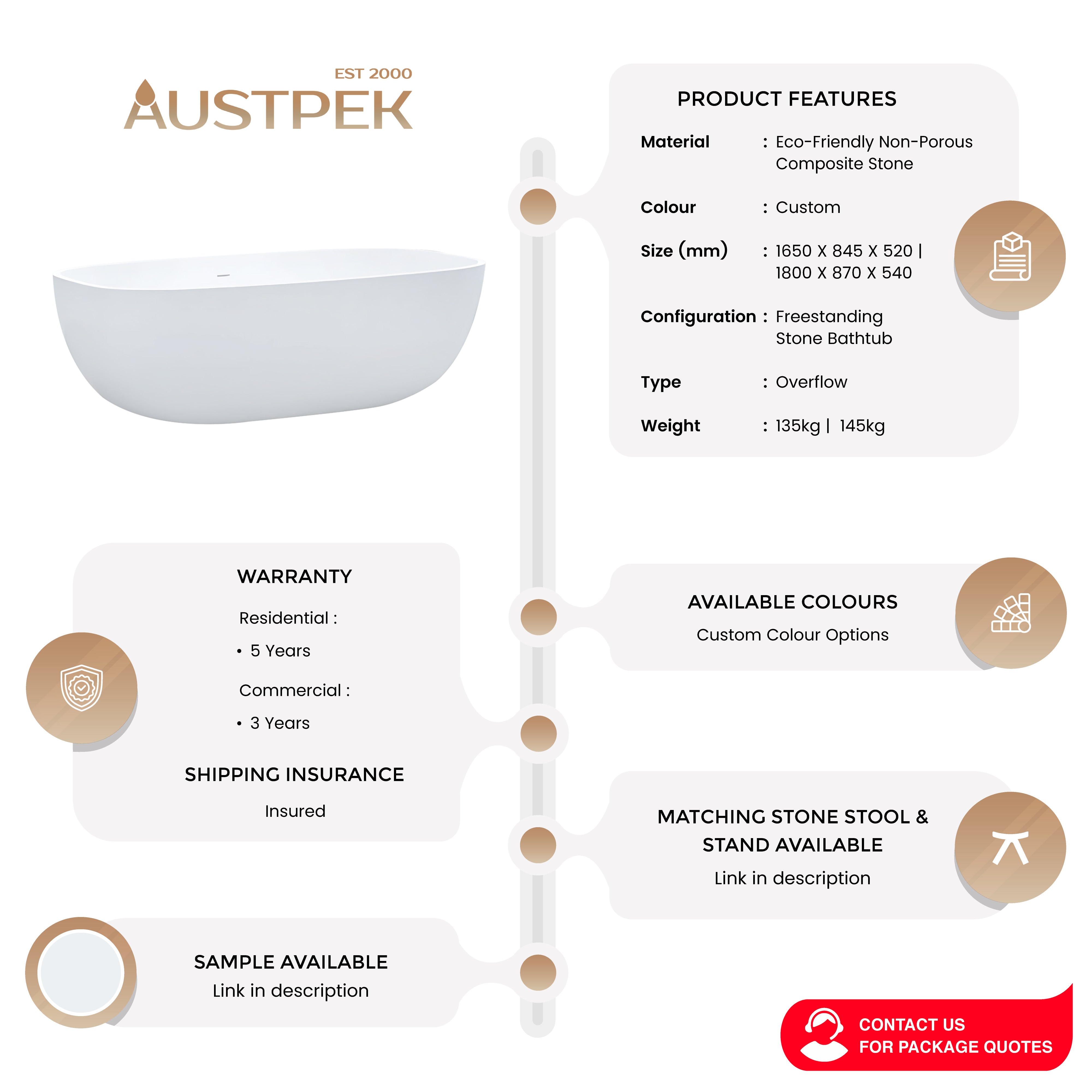 PIETRA BIANCA BORA FREESTANDING STONE BATHTUB WITH CUSTOM COLOURS (AVAILABLE IN 1650MM AND 1800MM)