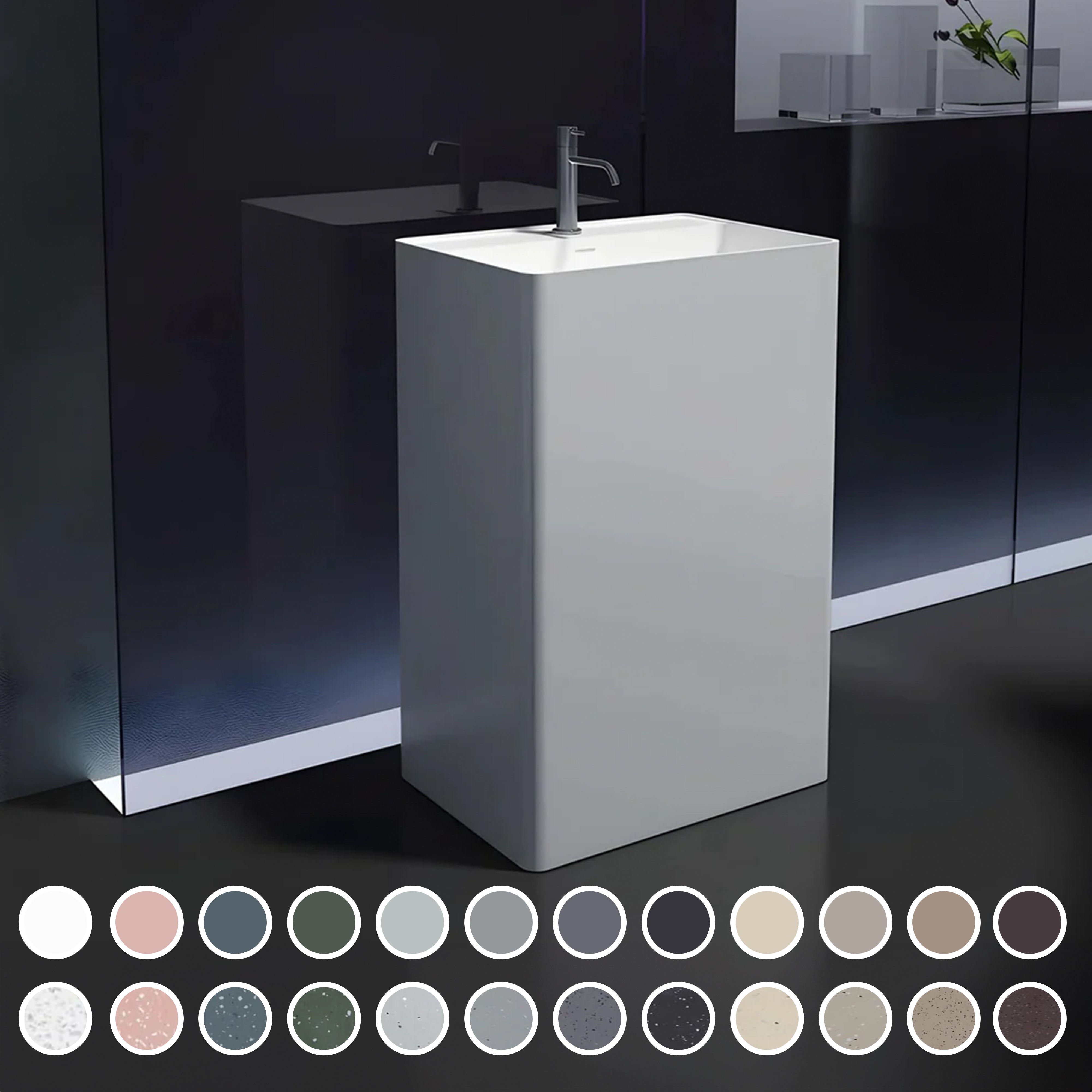 PIETRA BIANCA CUBE FREESTANDING PEDESTAL STONE BASIN WITH CUSTOM COLOURS 600MM