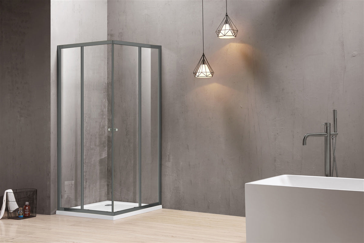 COVEY SEMI-FRAMELESS CORNER OPEN DOUBLE SLIDING DOOR SHOWER SCREEN GUN METAL