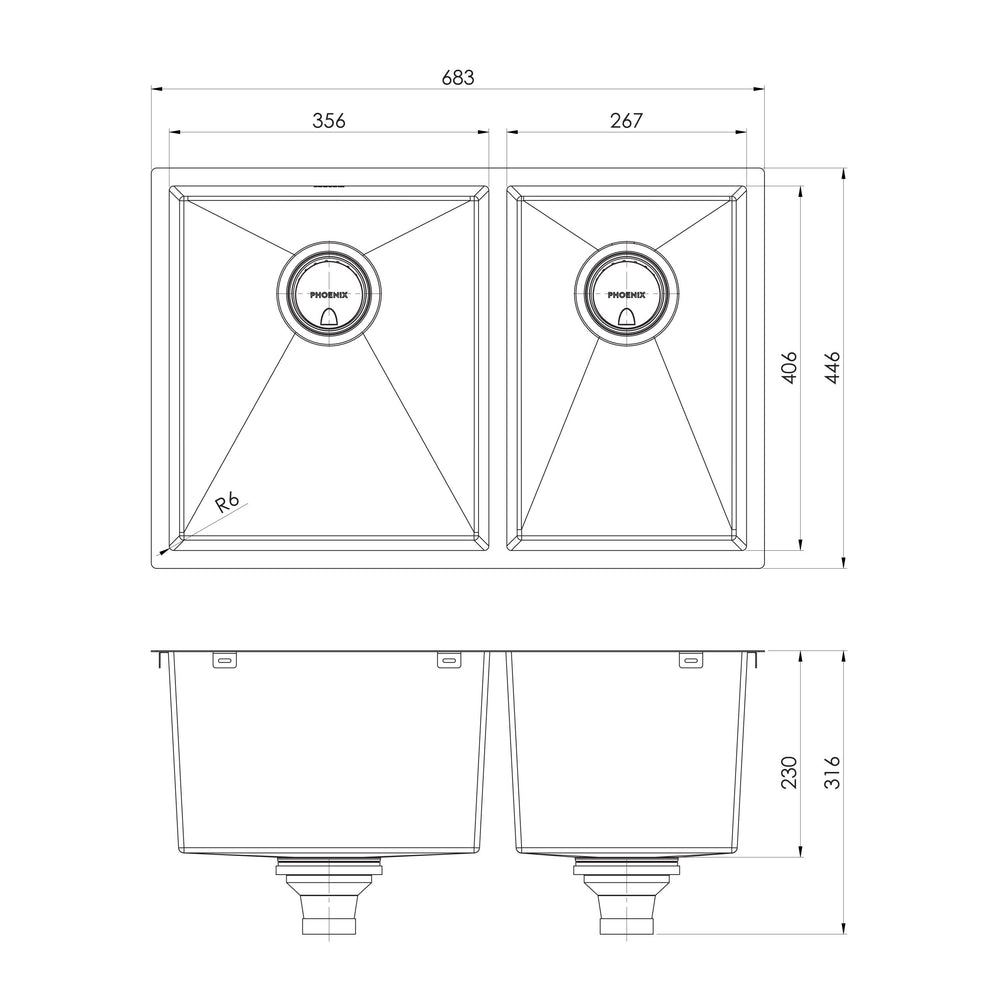 PHOENIX 4000 SERIES 1 AND 3/4 BOWL SINK BRUSHED CARBON 683MM