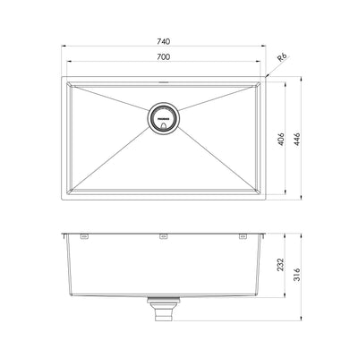 PHOENIX 4000 SERIES EXTRA LARGE SINGLE BOWL SINK BRUSHED CARBON 700MM