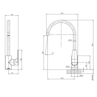 PHOENIX ARLO LEAD FREE GOOSENECK SINK MIXER 374MM BRUSHED GOLD