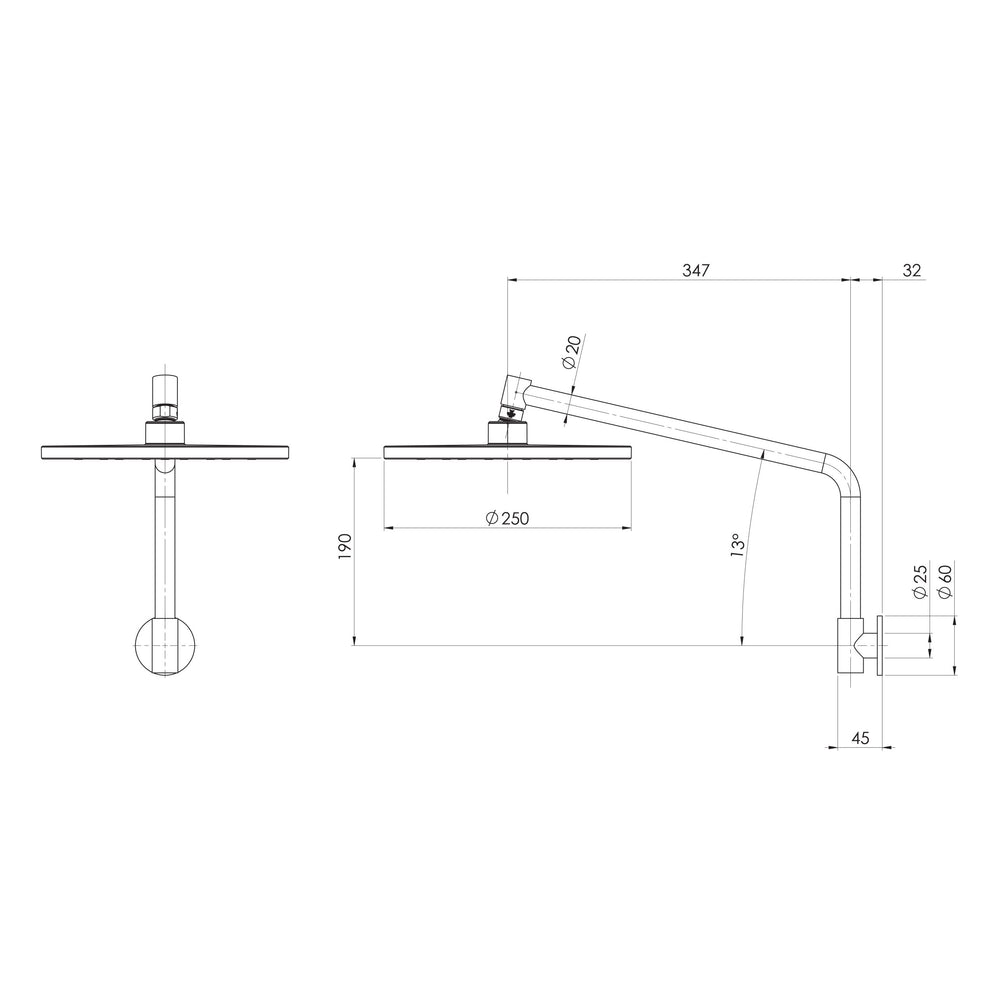 PHOENIX ORMOND HIGH-RISE SHOWER ARM AND ROSE 347MM BRUSHED NICKEL