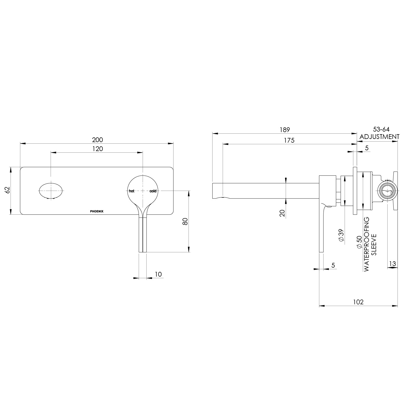 PHOENIX VIVID SLIMLINE SWITCHMIX WALL BASIN / BATH MIXER SET COMPLETE KIT 230MM BRUSHED CARBON