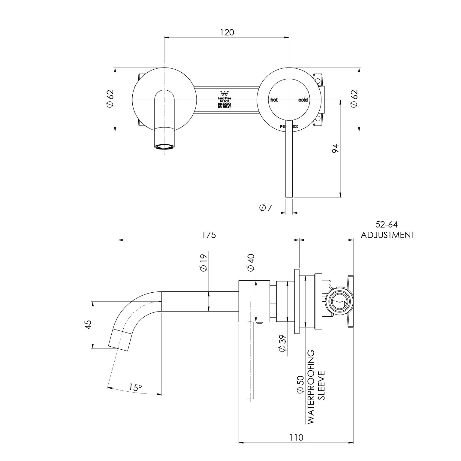 PHOENIX VIVID SLIMLINE LEAD FREE SWITCHMIX WALL BASIN / BATH MIXER SET 175MM COMPLETE KIT CHROME