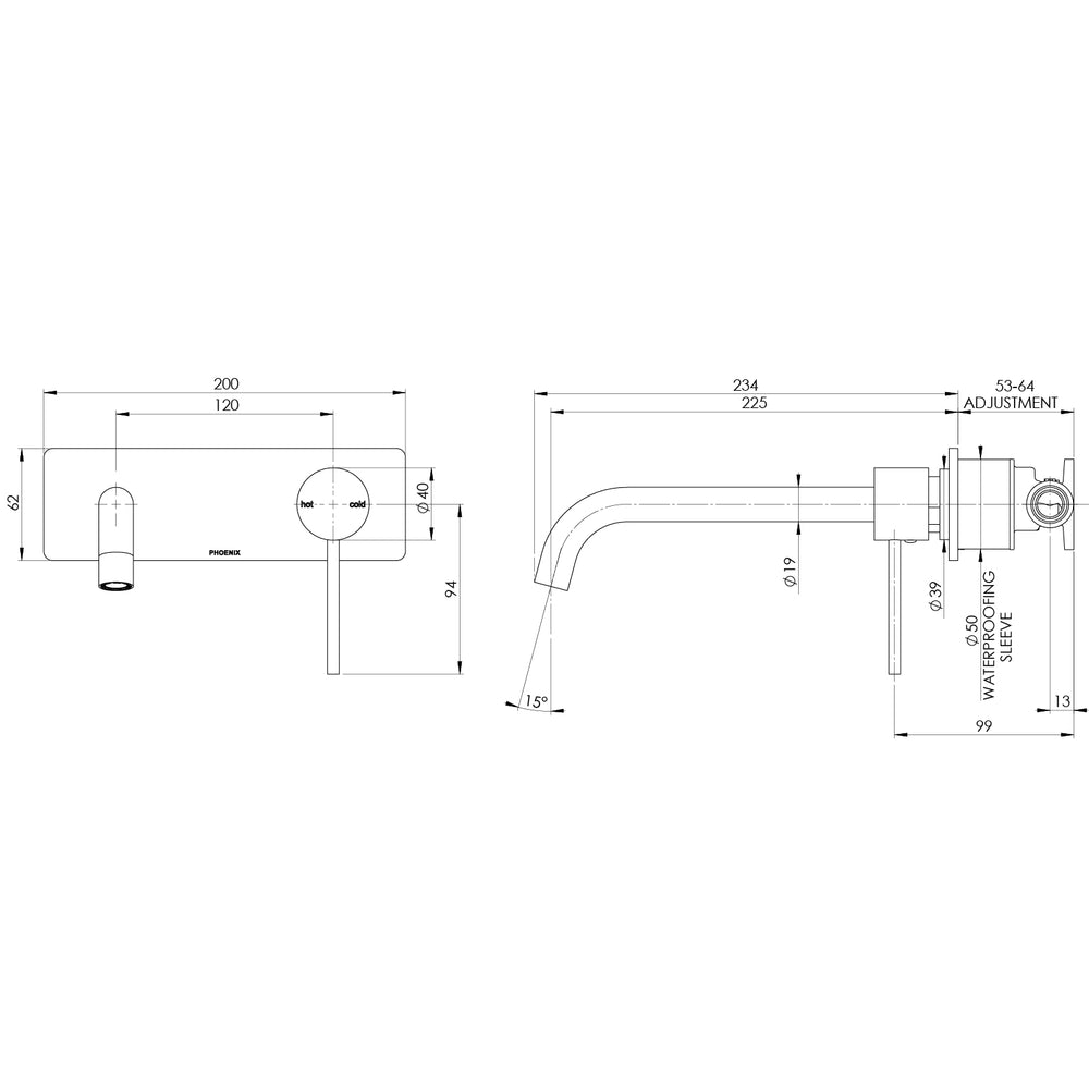 PHOENIX VIVID SLIMLINE SWITCHMIX WALL BASIN / BATH MIXER SET 230MM COMPLETE KIT CHROME
