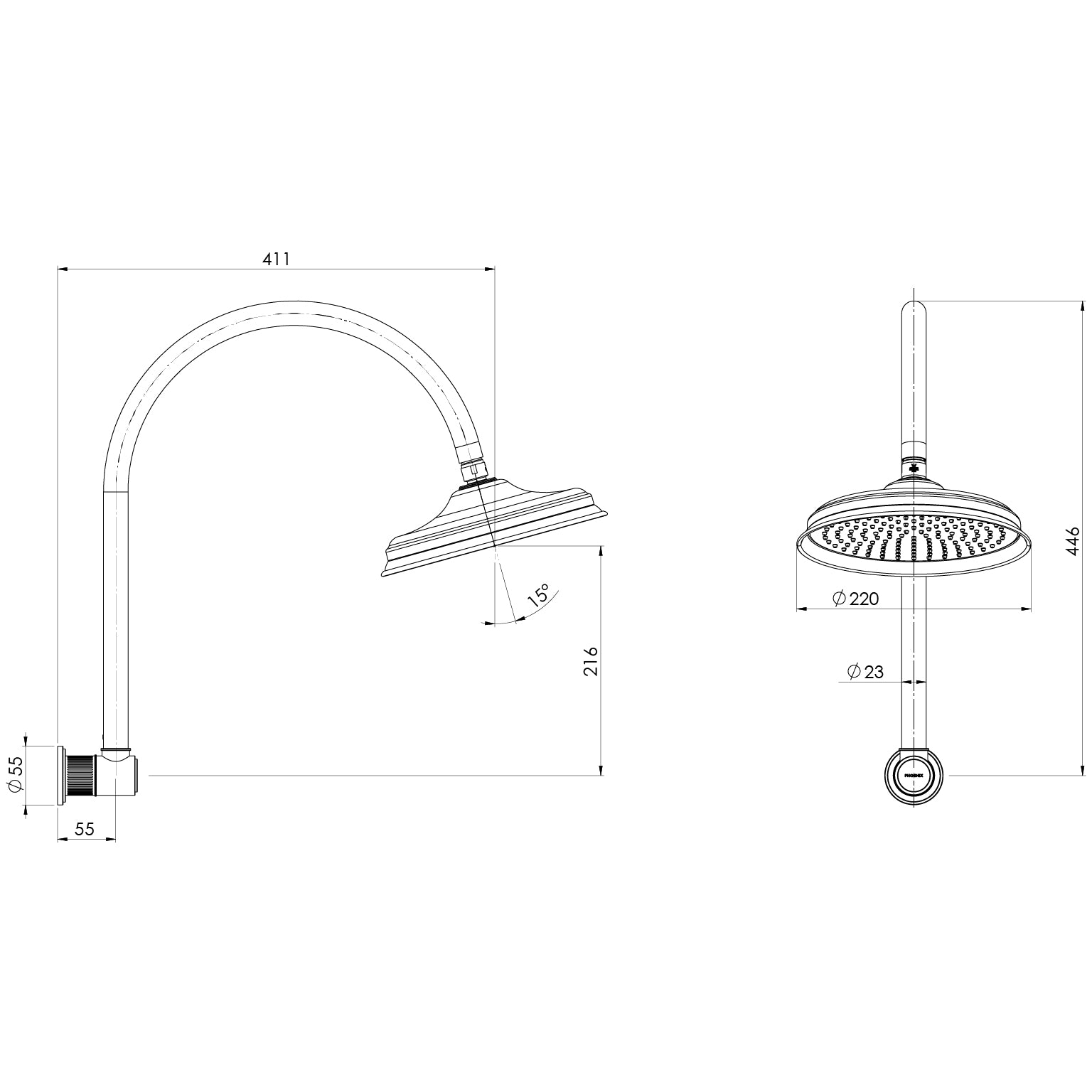 PHOENIX WILTERN HIGH RISE SHOWER ARM AND ROSE 446MM BRUSHED GOLD