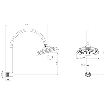 PHOENIX WILTERN HIGH RISE SHOWER ARM AND ROSE 446MM CHROME