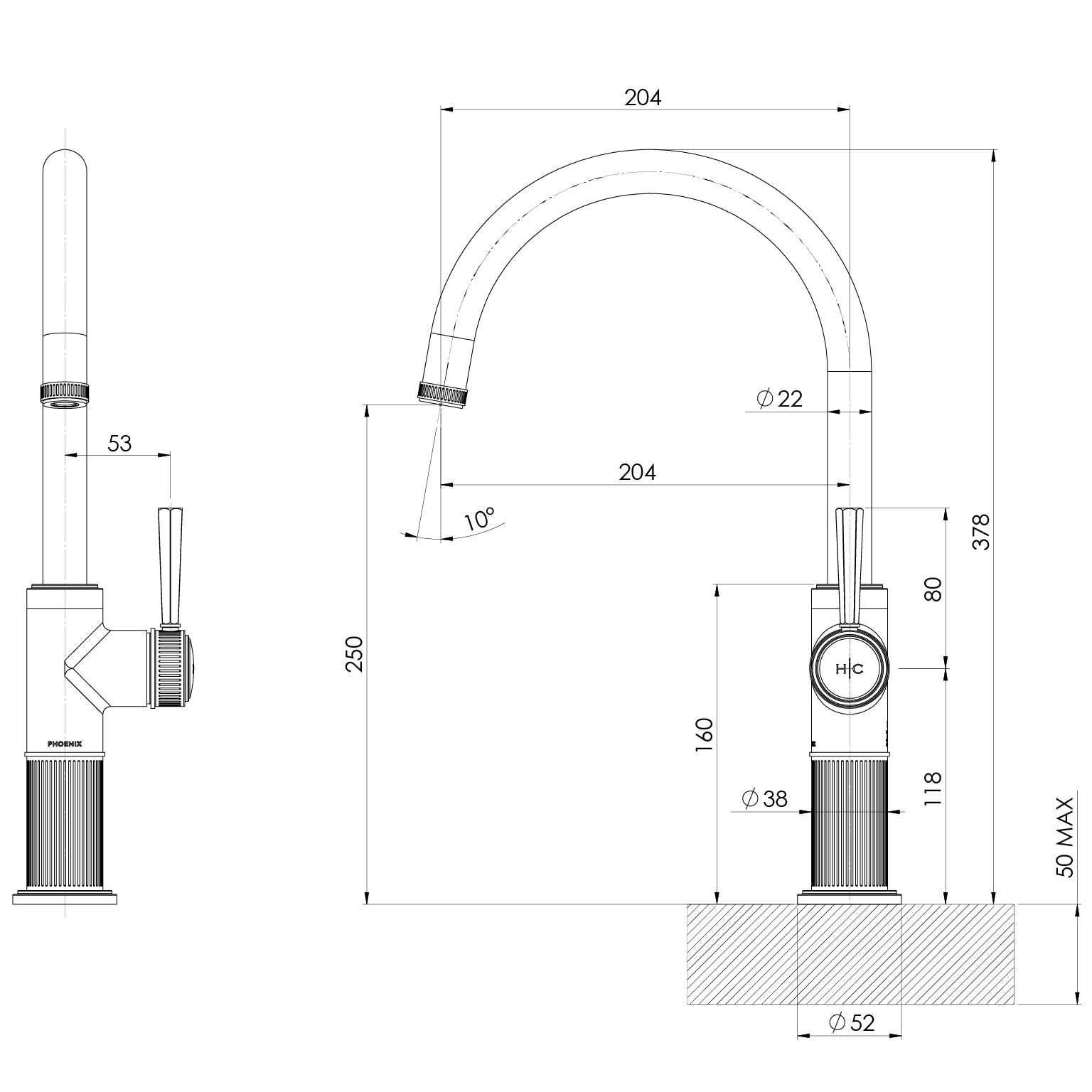 PHOENIX WILTERN SINK MIXER 378MM BRUSHED CARBON