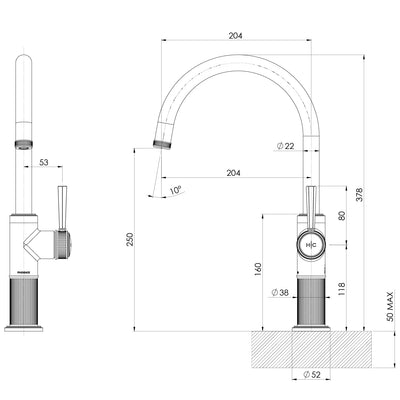 PHOENIX WILTERN LEAD FREE SINK MIXER 378MM BRUSHED CARBON