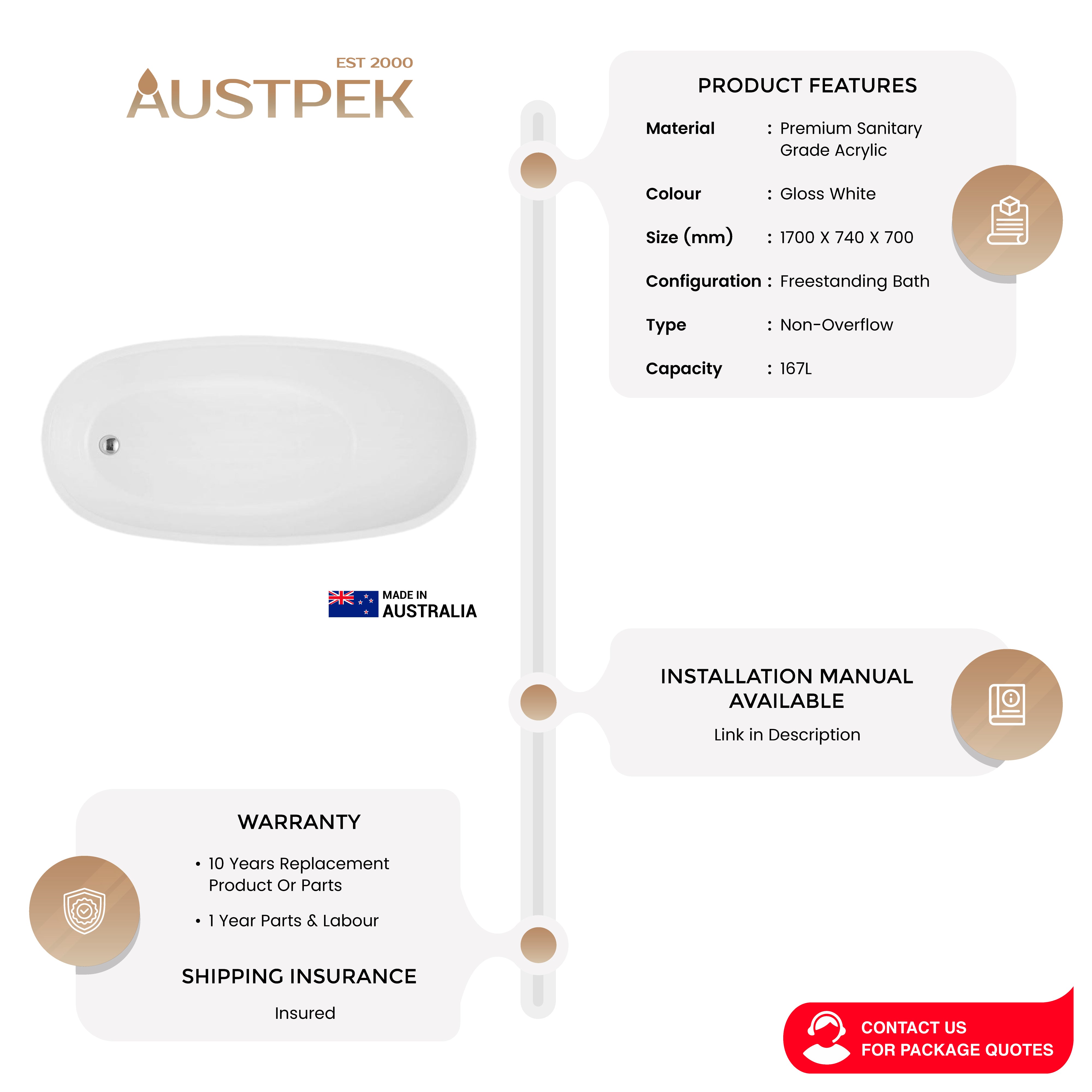 DECINA PICCOLO FREESTANDING BATH GLOSS WHITE 1700MM