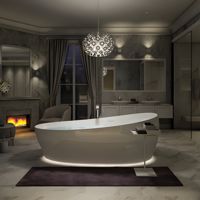 TOTO GALALATO FREESTANDING REINFORCED MARBLE FLOTATION TUB GLOSS WHITE 2200MM