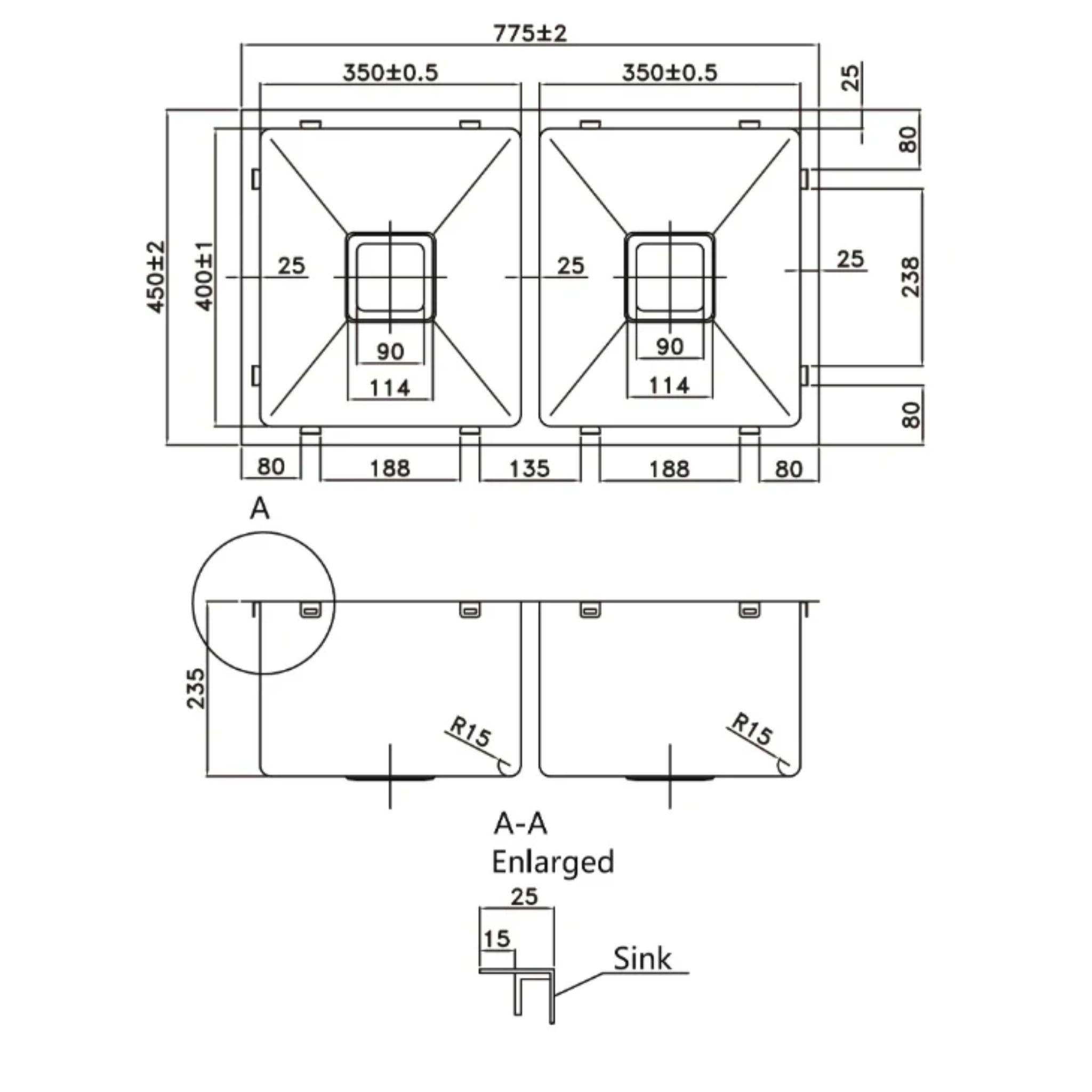 POSEIDON STAINLESS STEEL DOUBLE SINK 750MM