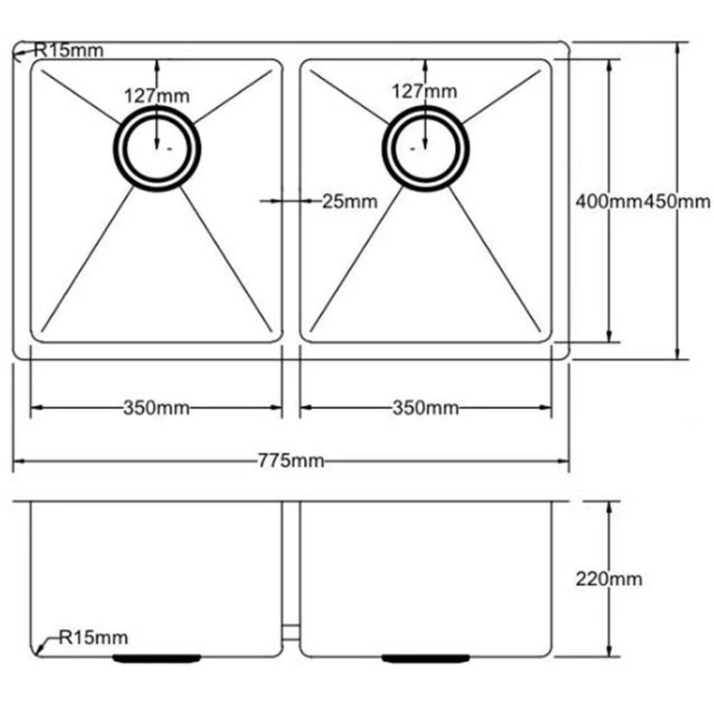 POSEIDON HANDMADE DOUBLE BOWL UNDERMOUNT KITCHEN SINK STAINLESS STEEL 775MM
