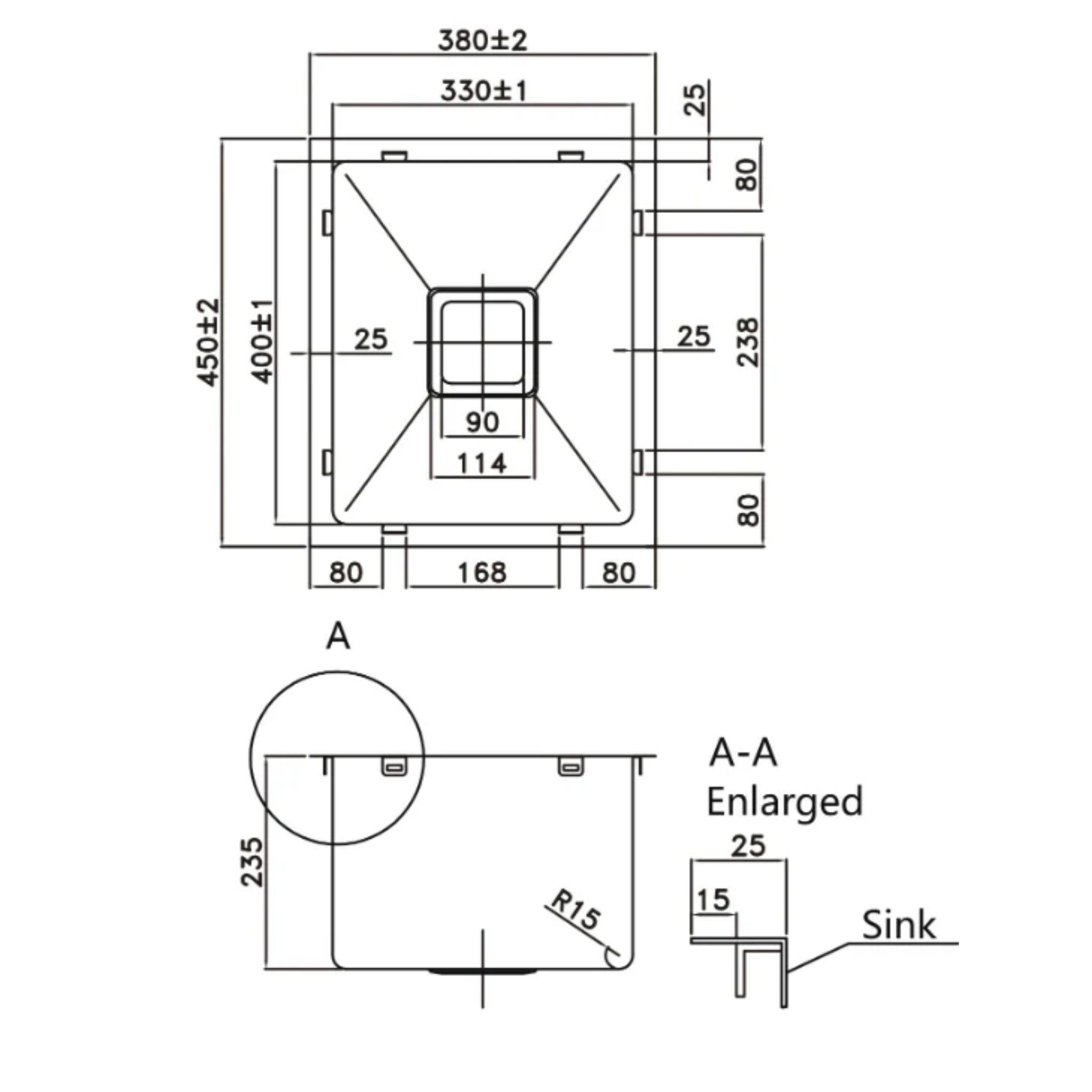 POSEIDON SQUARE WASTE HANDMADE STAINLESS STEEL KITCHEN SINK 380MM