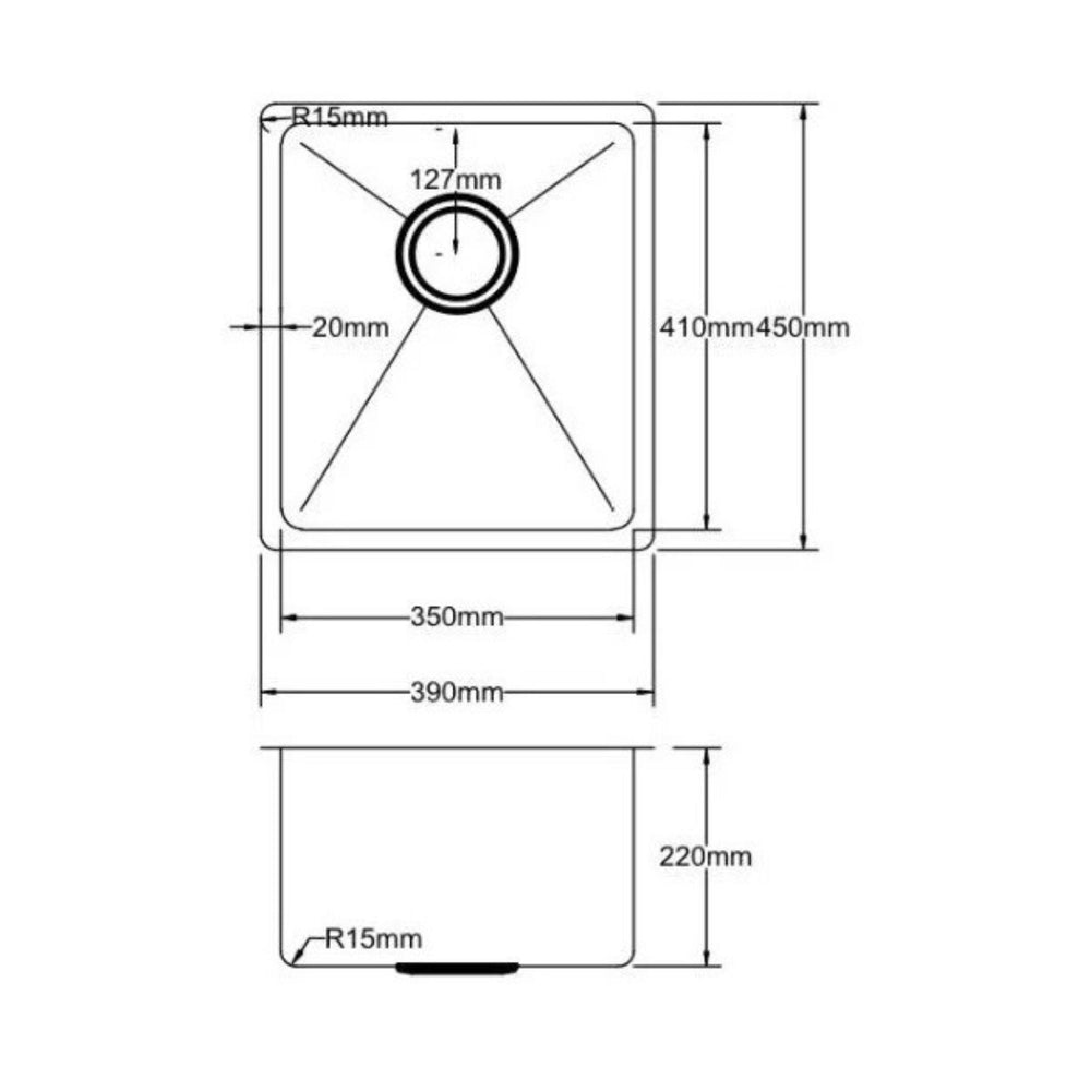 POSEIDON HANDMADE SINGLE BOWL UNDERMOUNT KITCHEN SINK STAINLESS STEEL 390MM