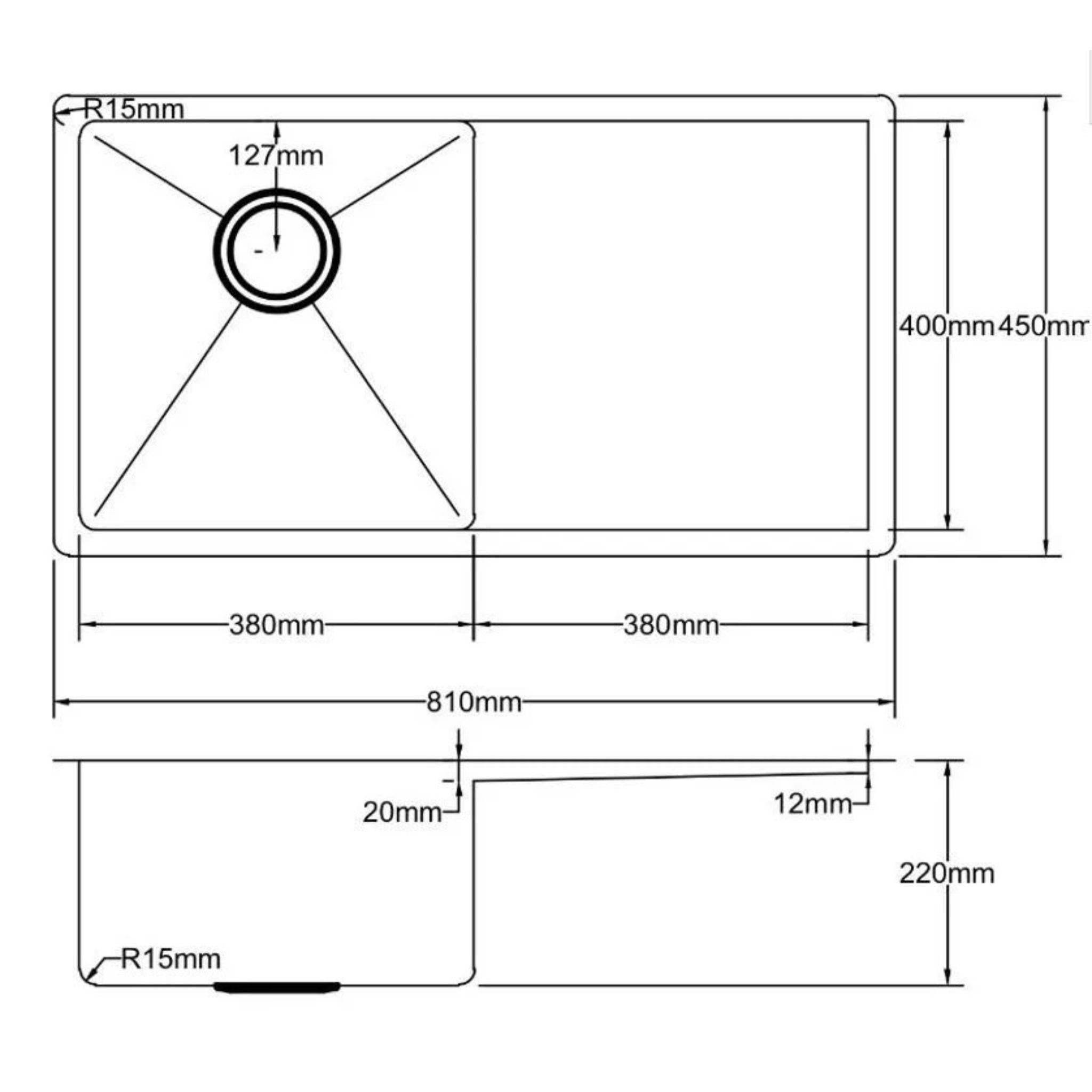 POSEIDON HAND MADE STAINLESS STEEL KITCHEN SINK 810MM