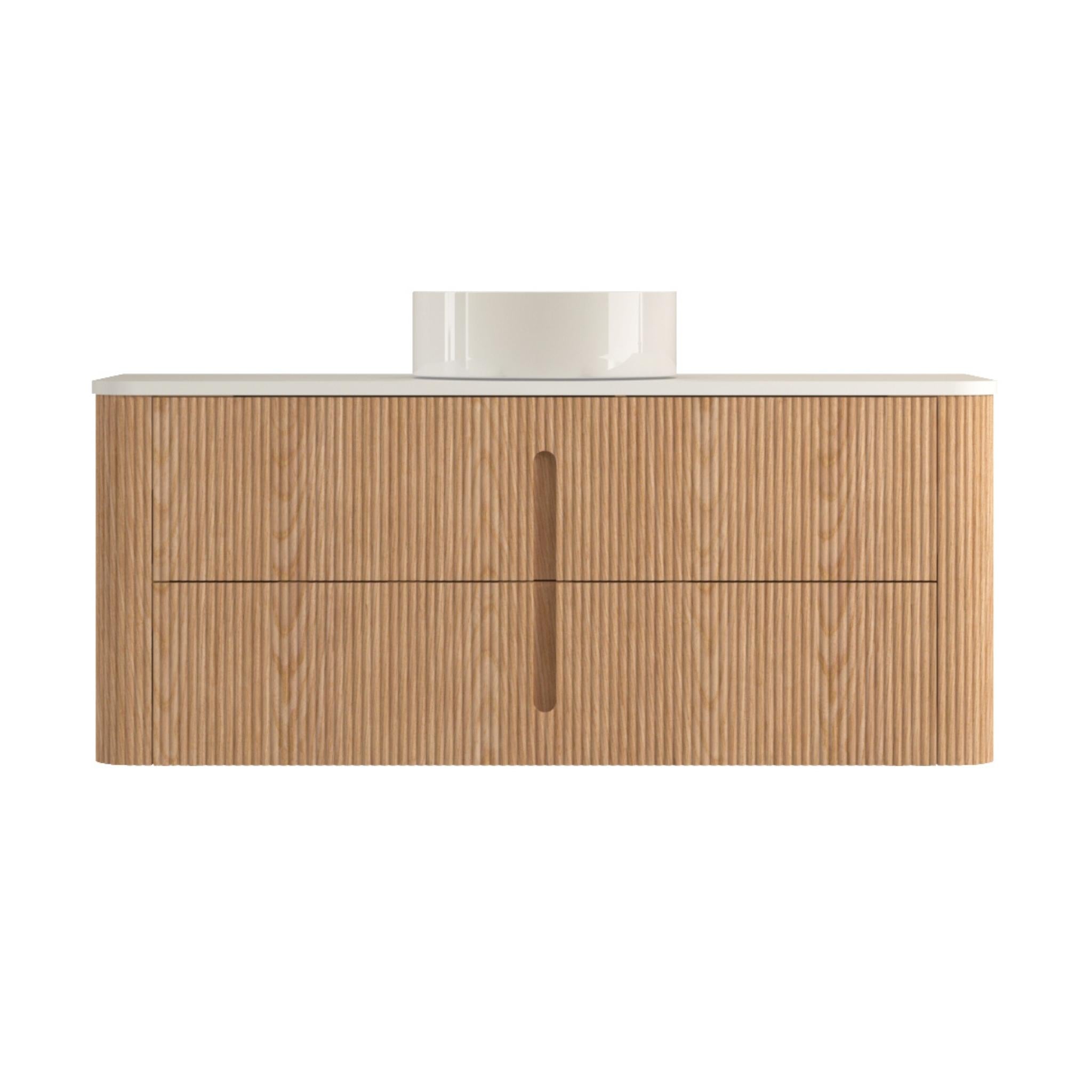 ORIO PINE LIGHT WALNUT FLUTED 1200MM CURVE SINGLE BOWL WALL HUNG VANITY