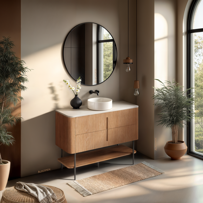 ORIO PINE LIGHT WALNUT FLUTED 1200MM CURVE SINGLE BOWL FLOOR STANDING VANITY